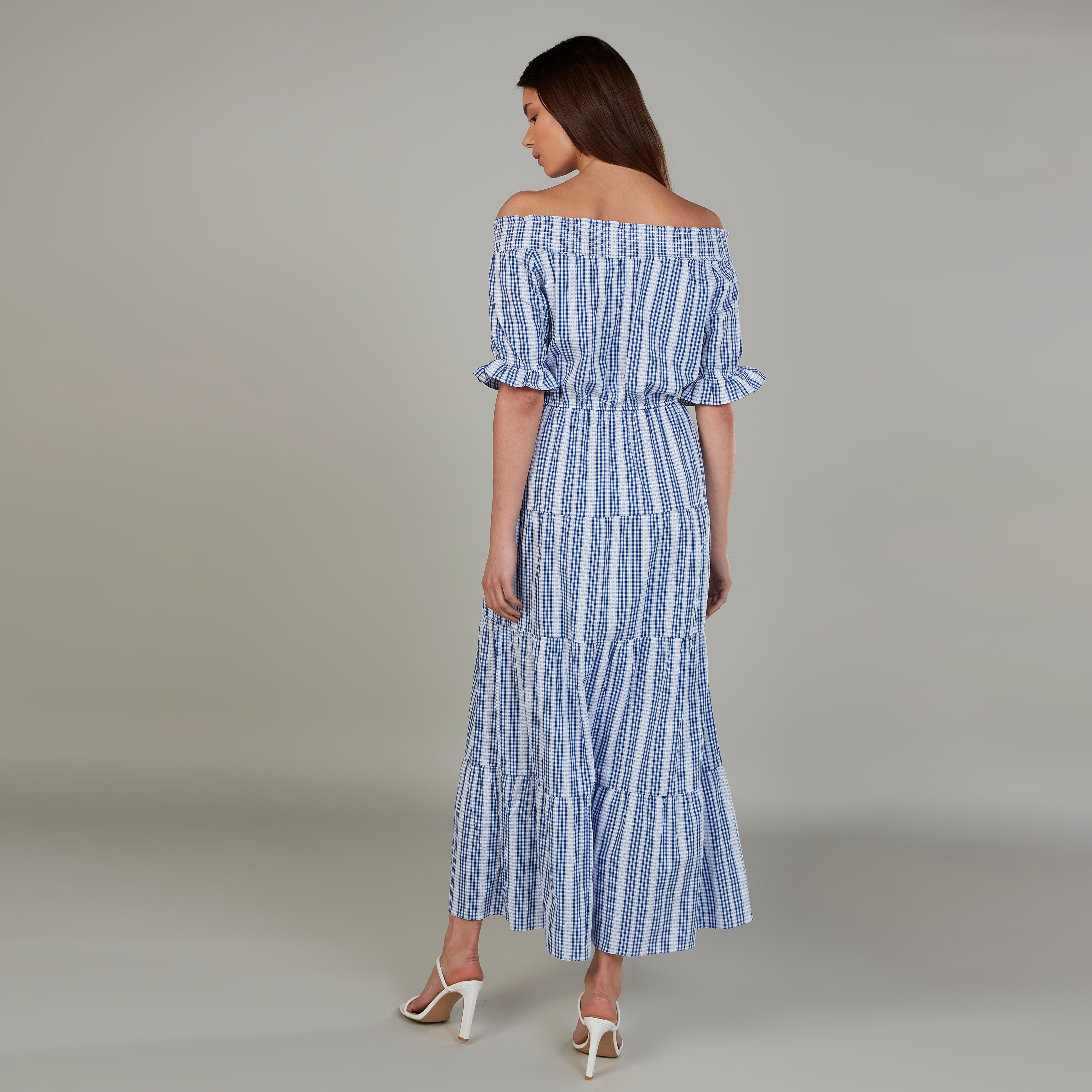 Striped Maxi Off Shoulder Dress with Short Sleeves and Tie Ups-women-clothing-dresses-image-3