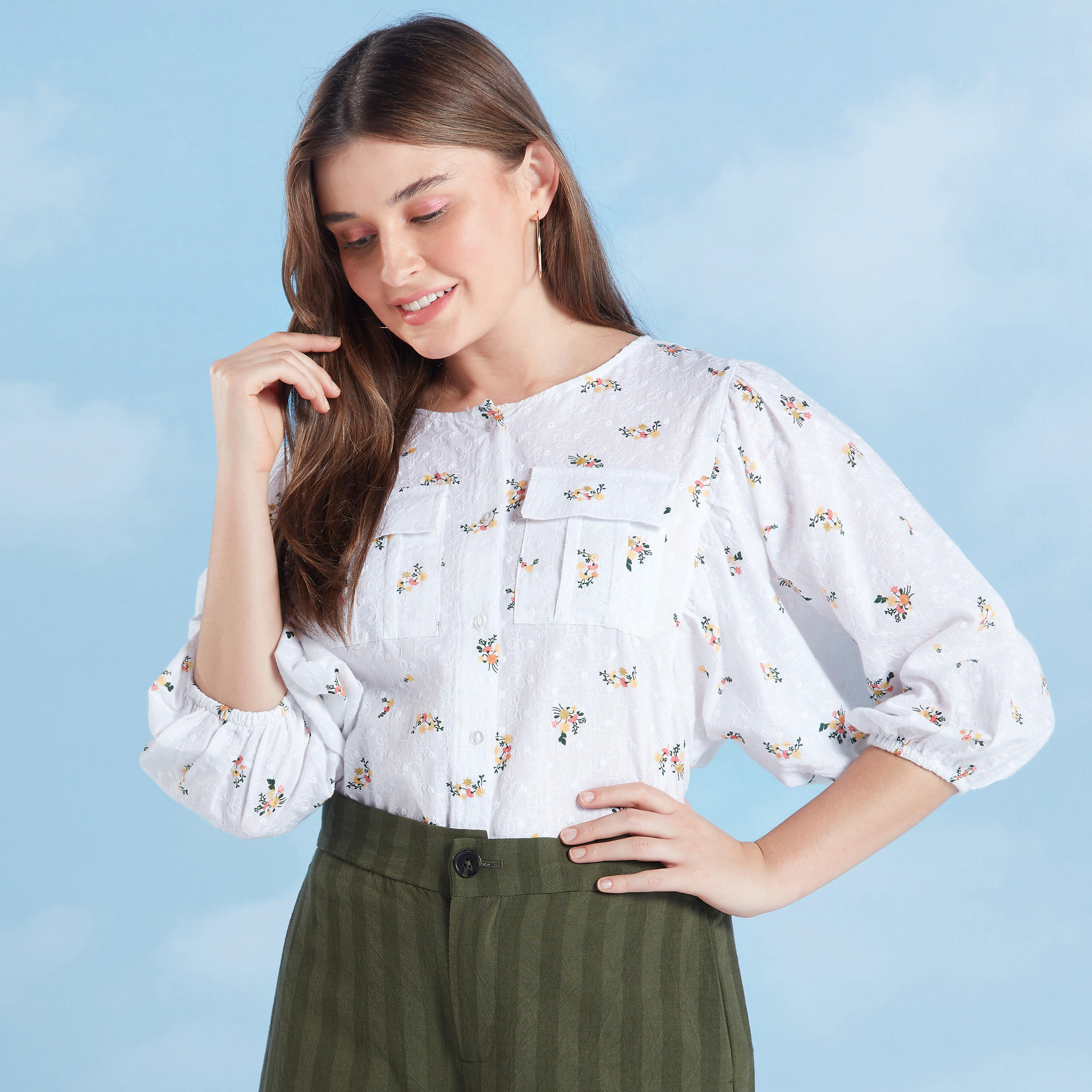 بلوزة بياقة مستديرة وأكمام 3/4 وطبعات-women-clothing-shirtsandblouses-blouses-image-1