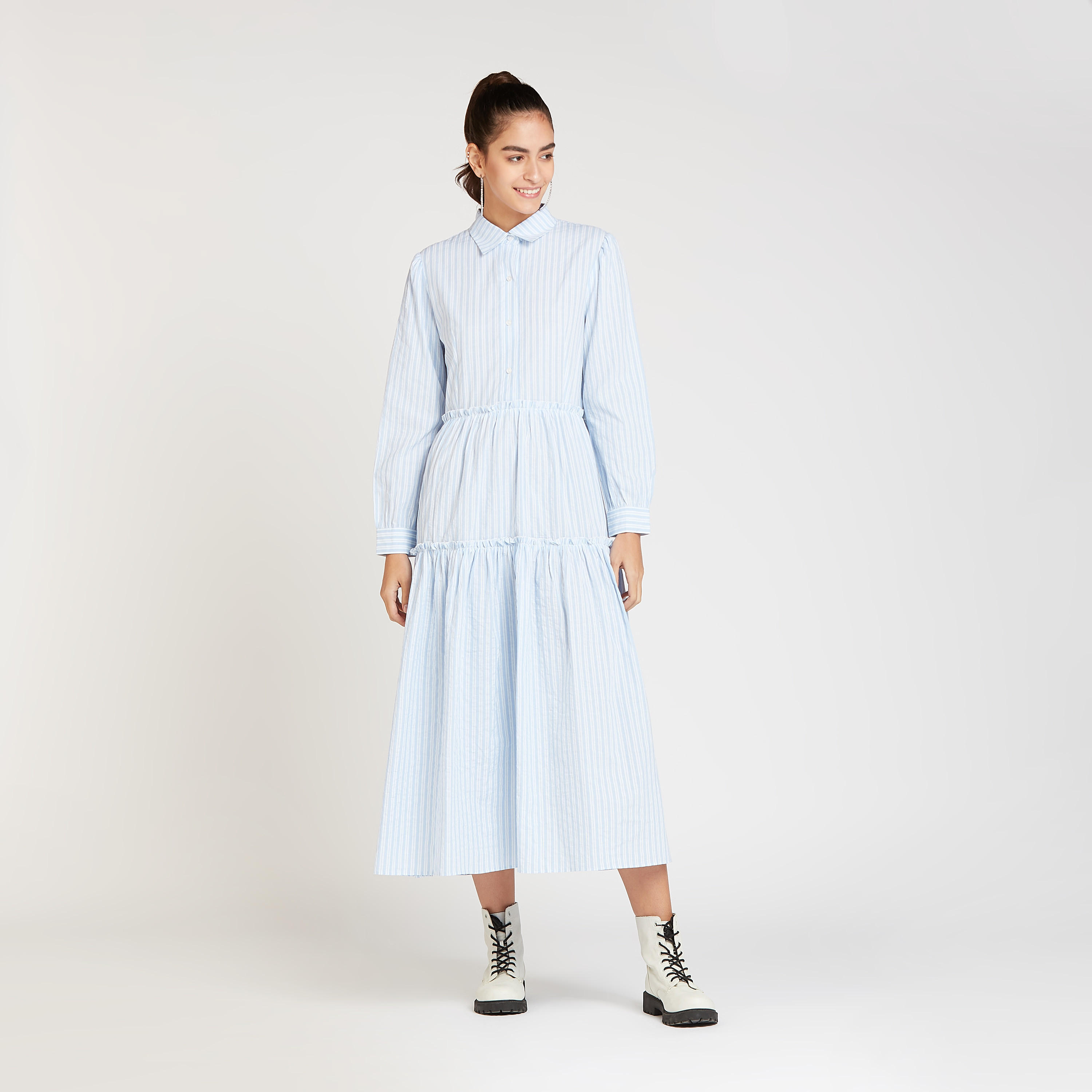 فستان قميص ميدي مخطط بياقة عاديّة وأكمام طويلة-women-clothing-dresses-image-1