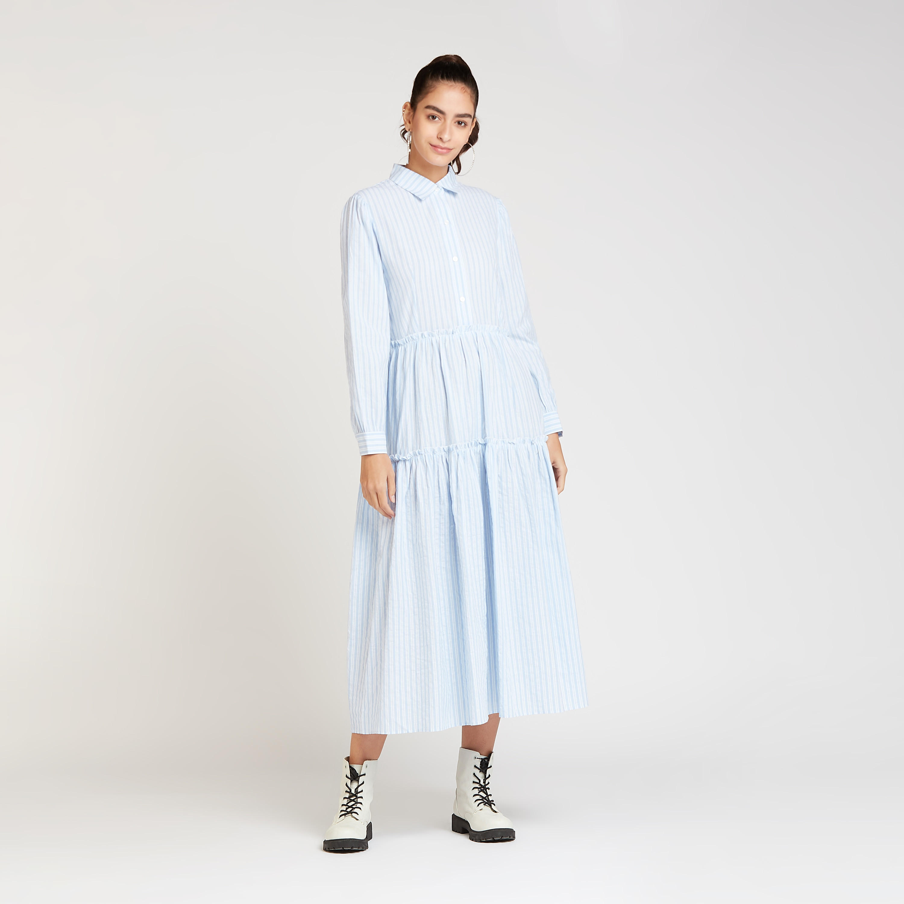 فستان قميص ميدي مخطط بياقة عاديّة وأكمام طويلة-women-clothing-dresses-image-2