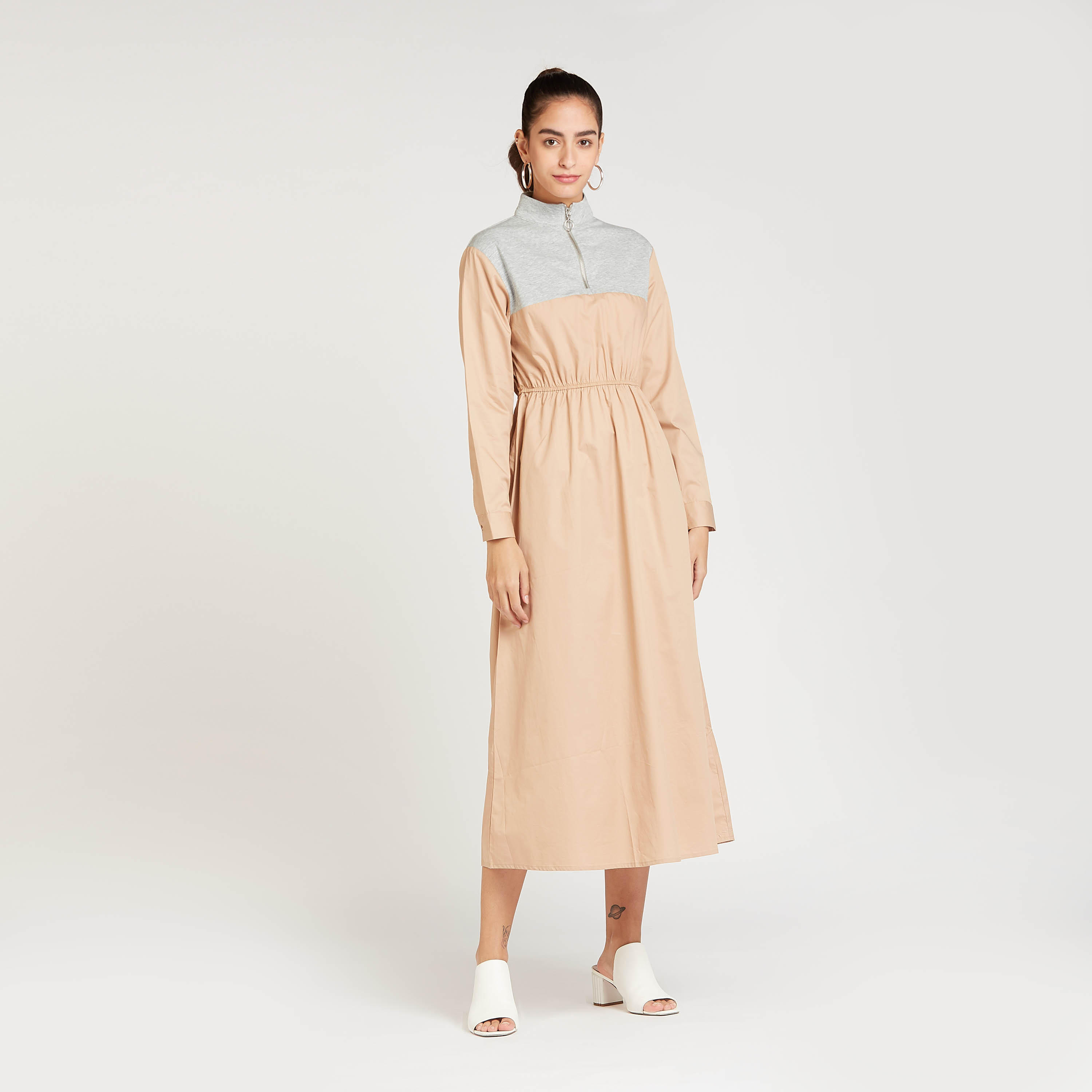 فستان ميدي إيه لاين قوالب ملوّنة بياقة مرتفعة وأكمام طويلة-women-clothing-dresses-image-1