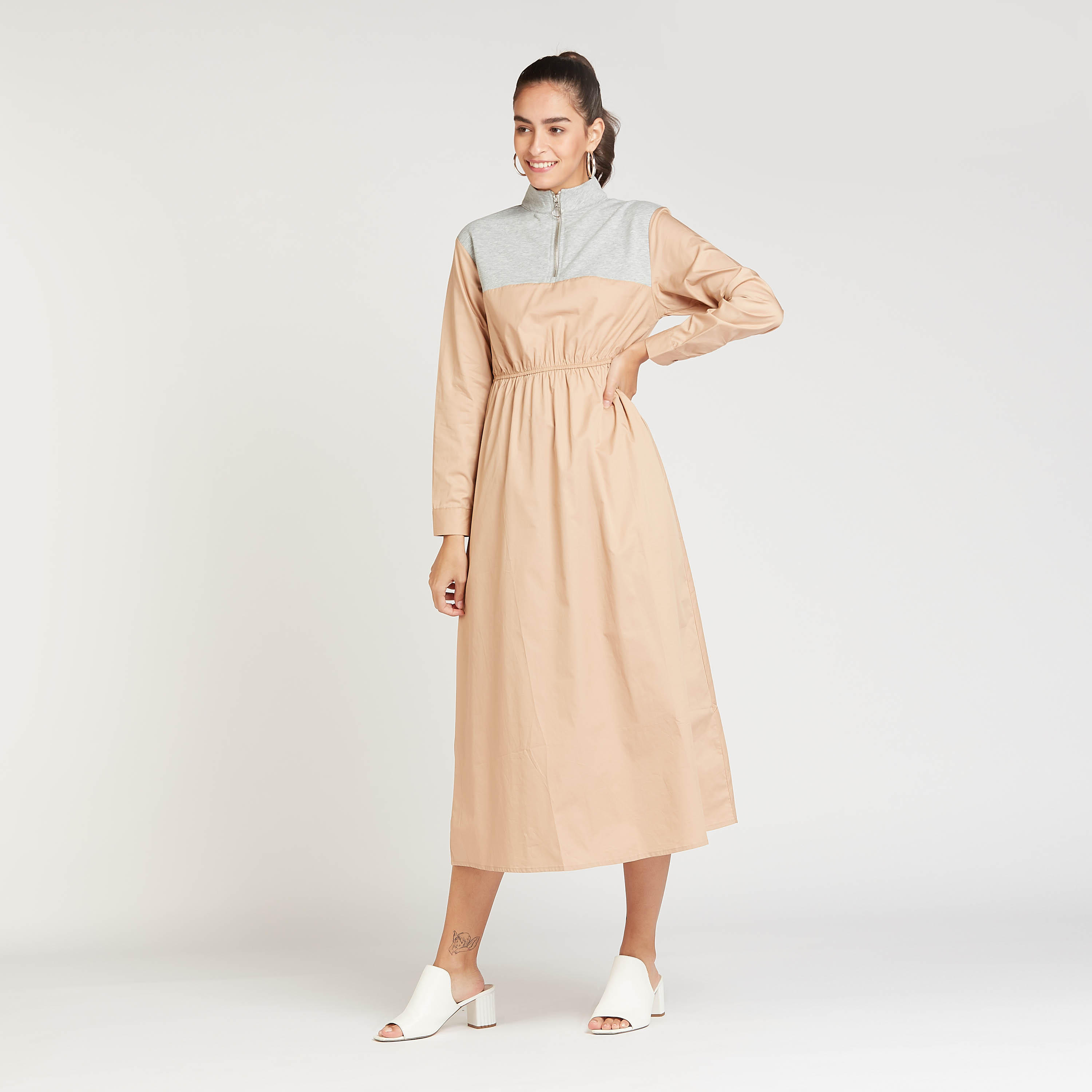 فستان ميدي إيه لاين قوالب ملوّنة بياقة مرتفعة وأكمام طويلة-women-clothing-dresses-image-2