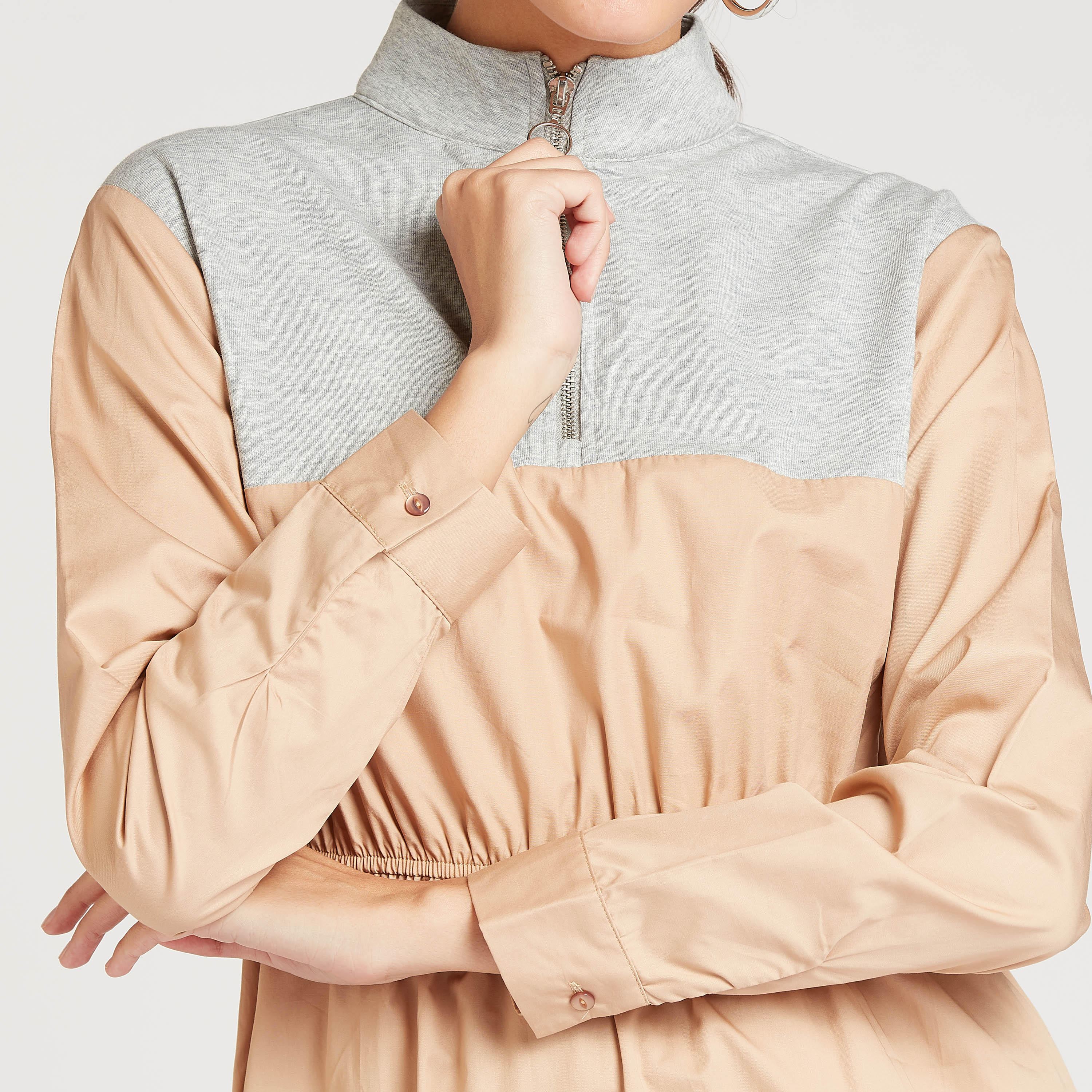 فستان ميدي إيه لاين قوالب ملوّنة بياقة مرتفعة وأكمام طويلة-women-clothing-dresses-image-3