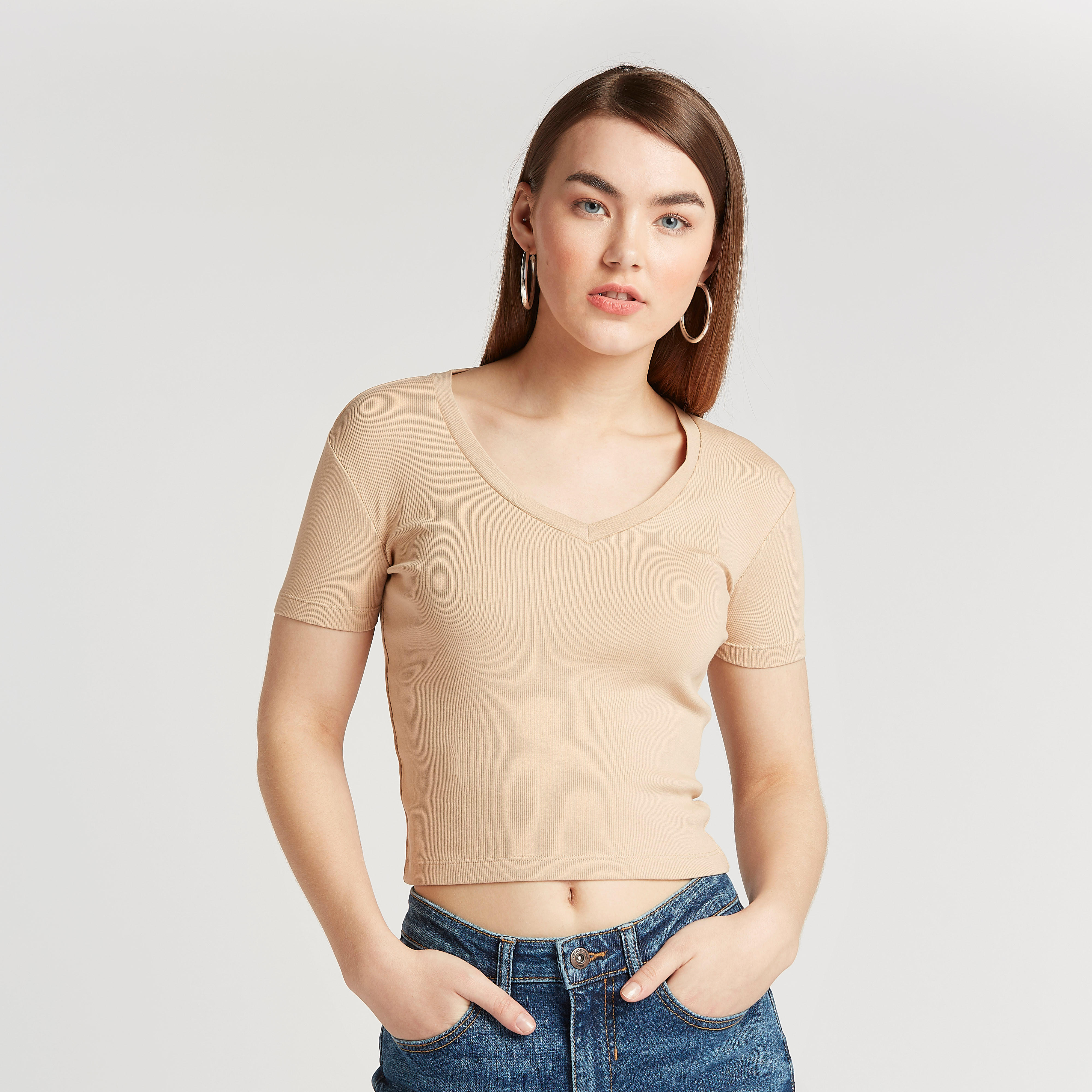 Slim Fit Textured Crop Top with V-neck and Short Sleeves-women-clothing-tshirts-image-1