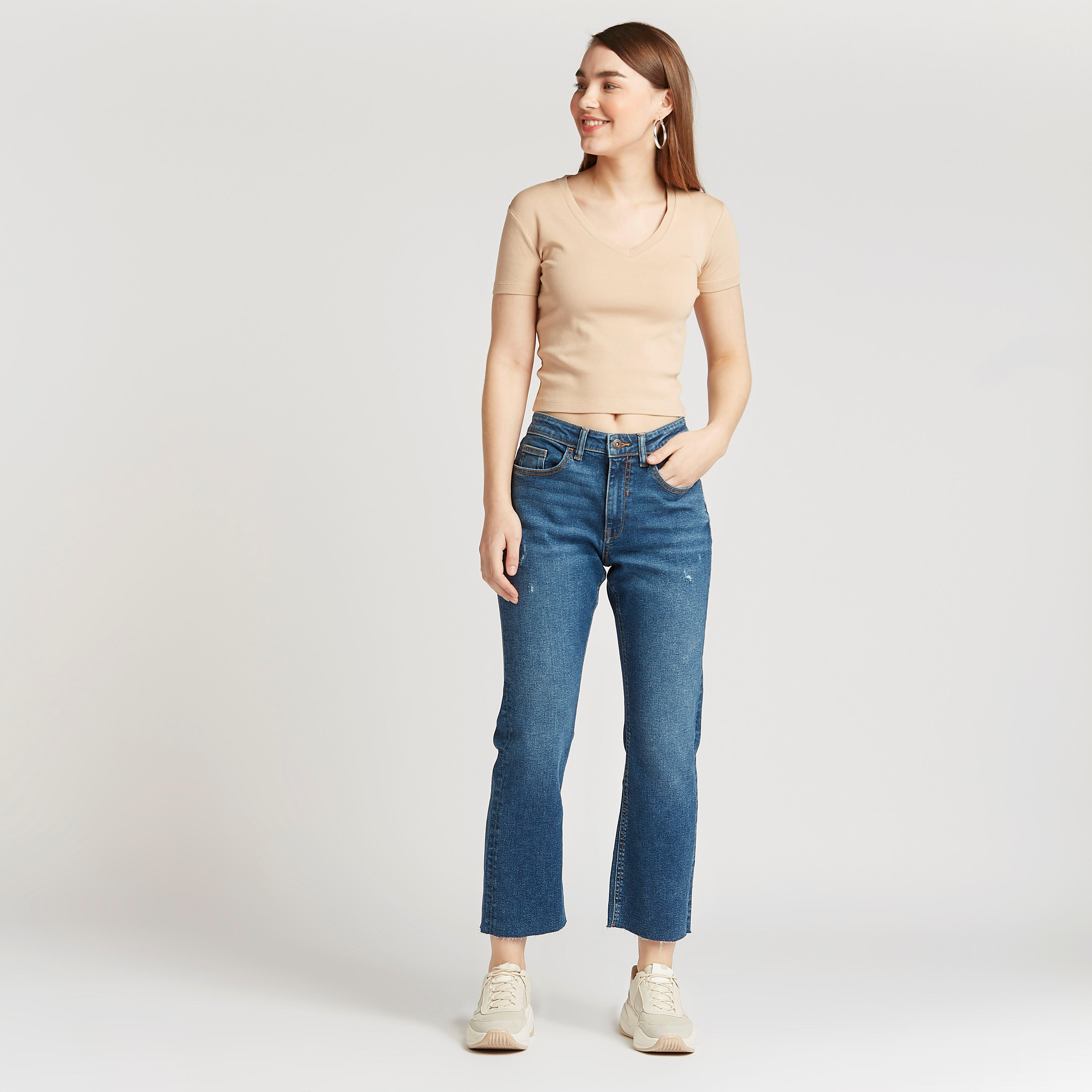 Slim Fit Textured Crop Top with V-neck and Short Sleeves-women-clothing-tshirts-image-2