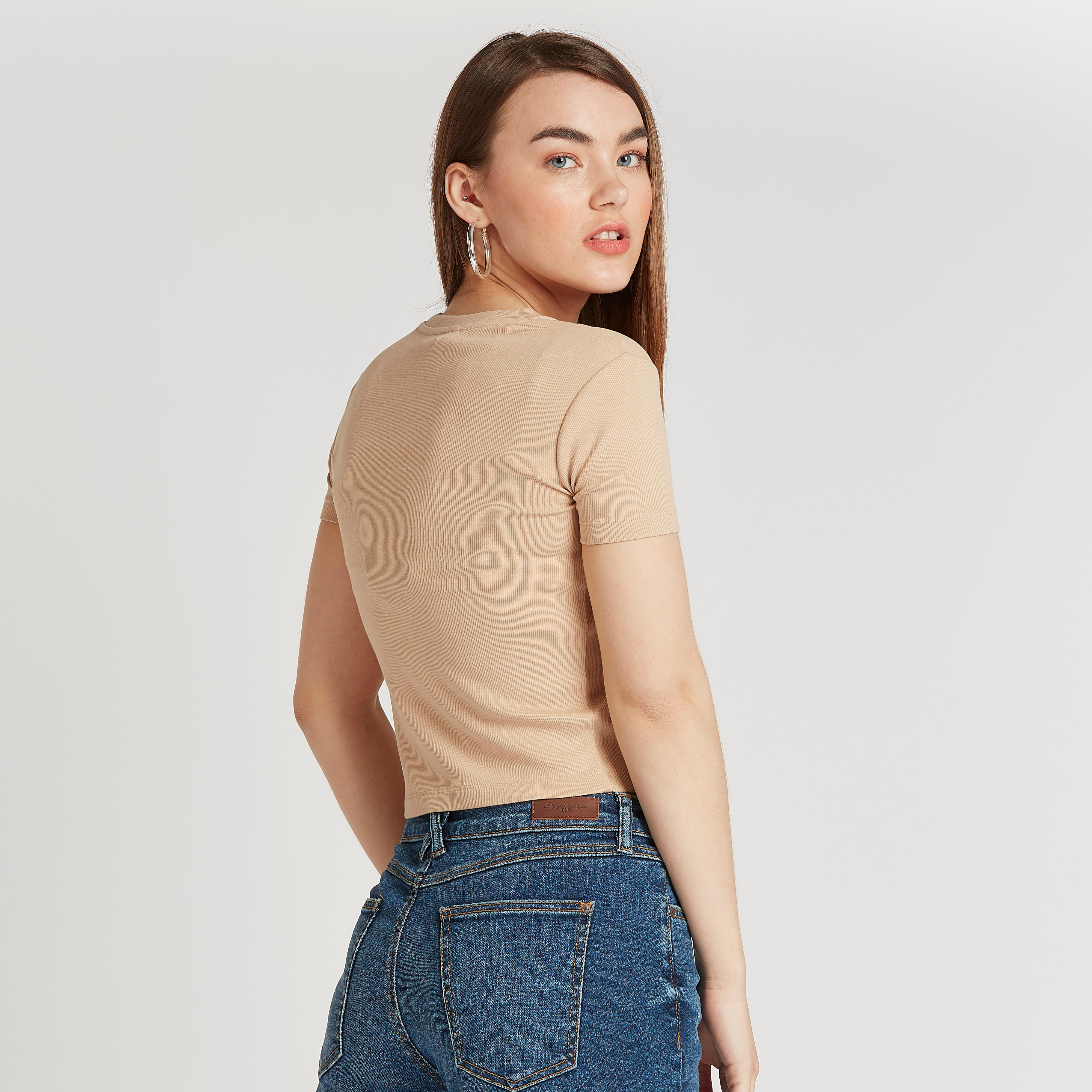 Slim Fit Textured Crop Top with V-neck and Short Sleeves-women-clothing-tshirts-image-4