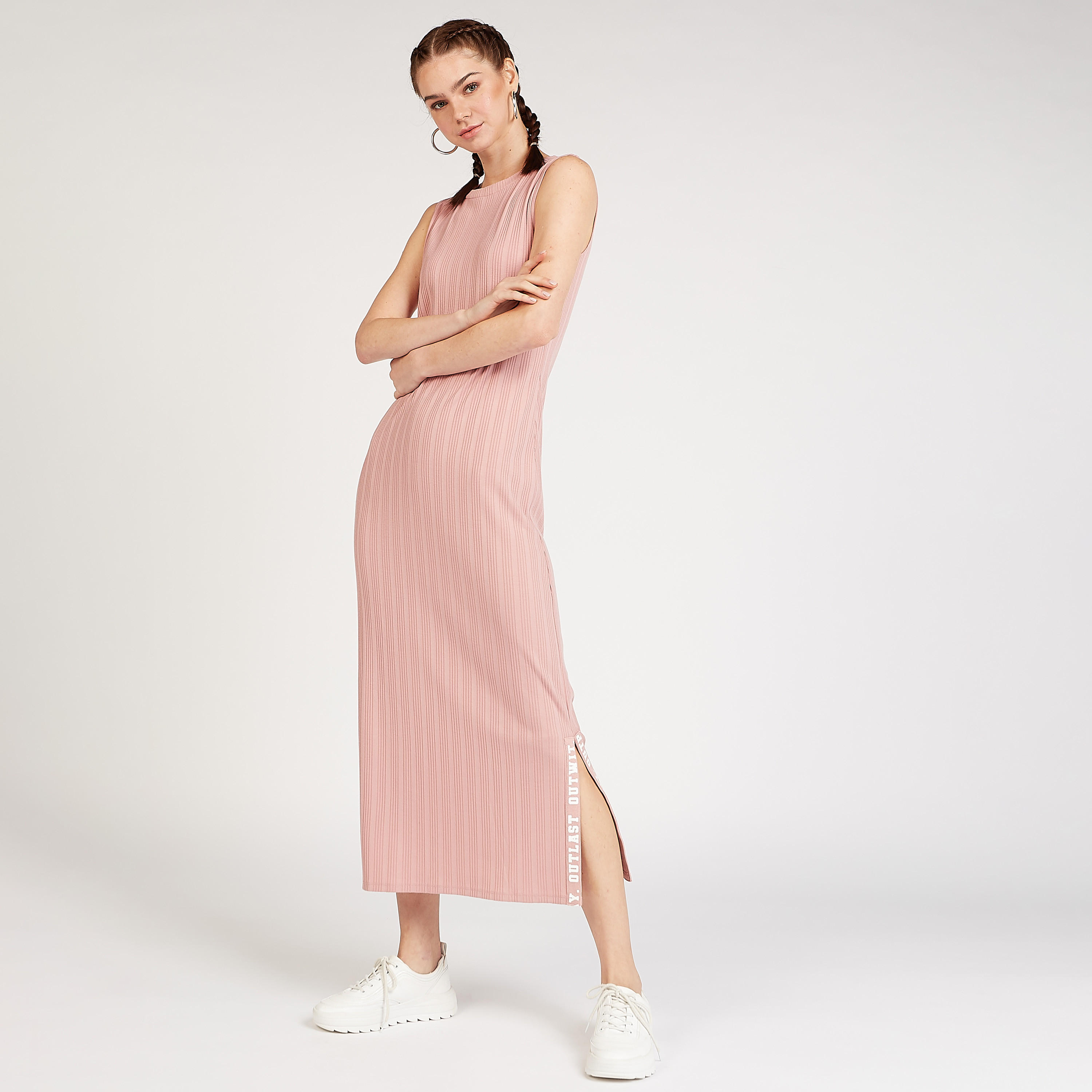 فستان واسع ميدي دون بارز الملمس وفتحة جانبية-women-clothing-dresses-image-1