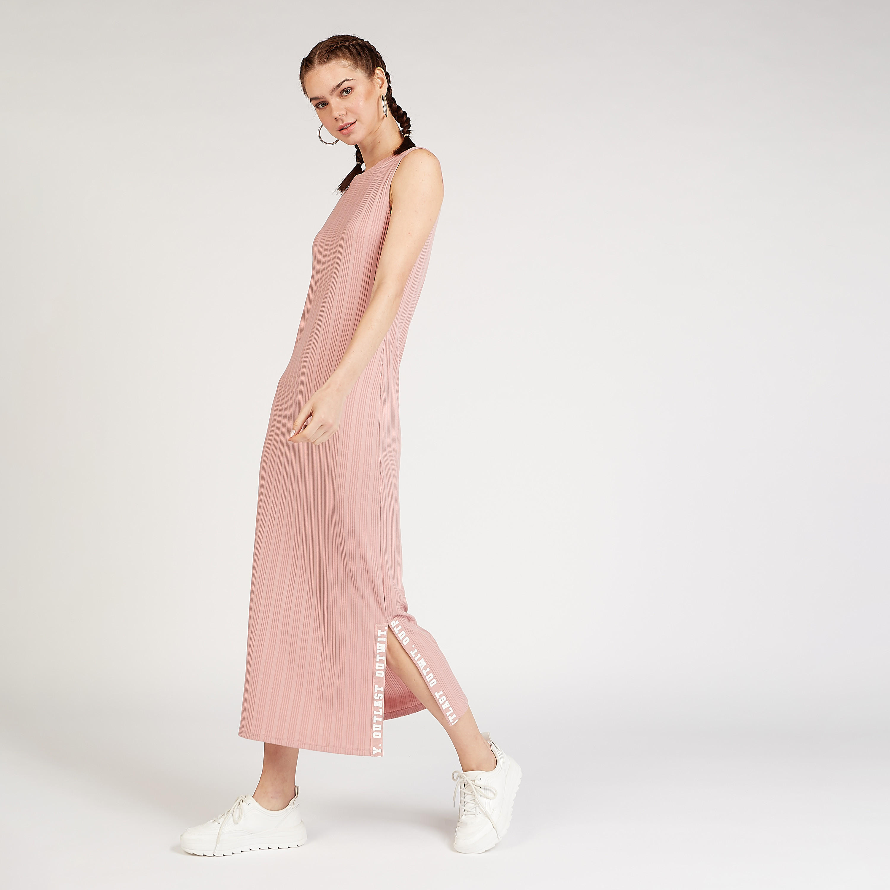 فستان واسع ميدي دون بارز الملمس وفتحة جانبية-women-clothing-dresses-image-3