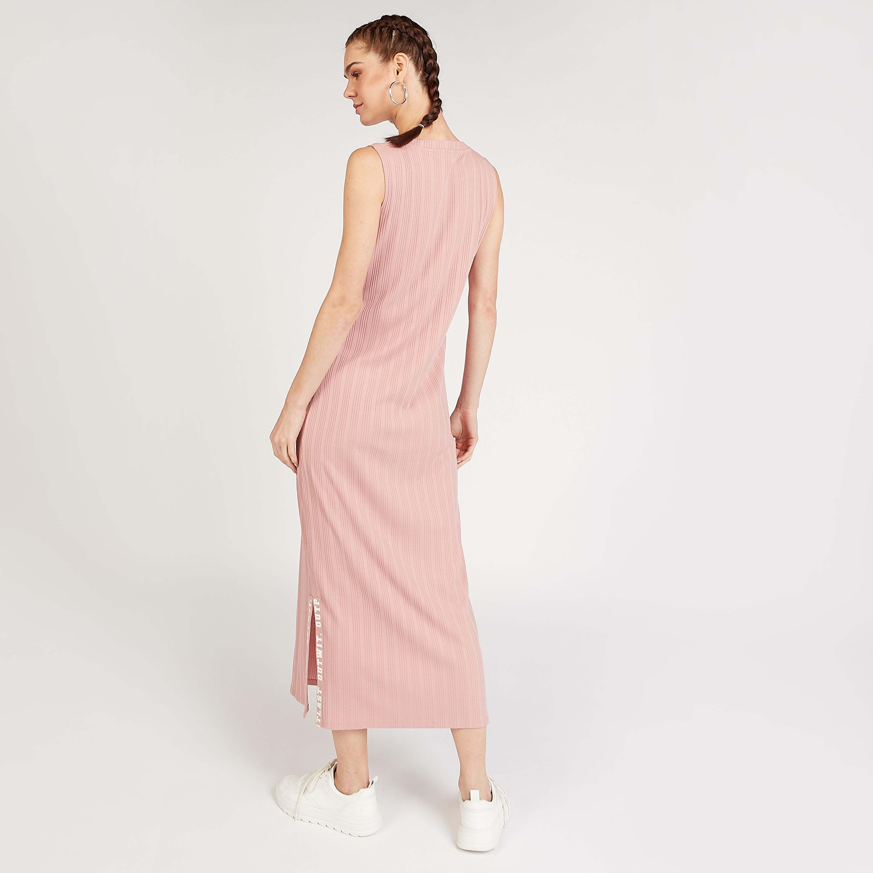فستان واسع ميدي دون بارز الملمس وفتحة جانبية-women-clothing-dresses-image-4