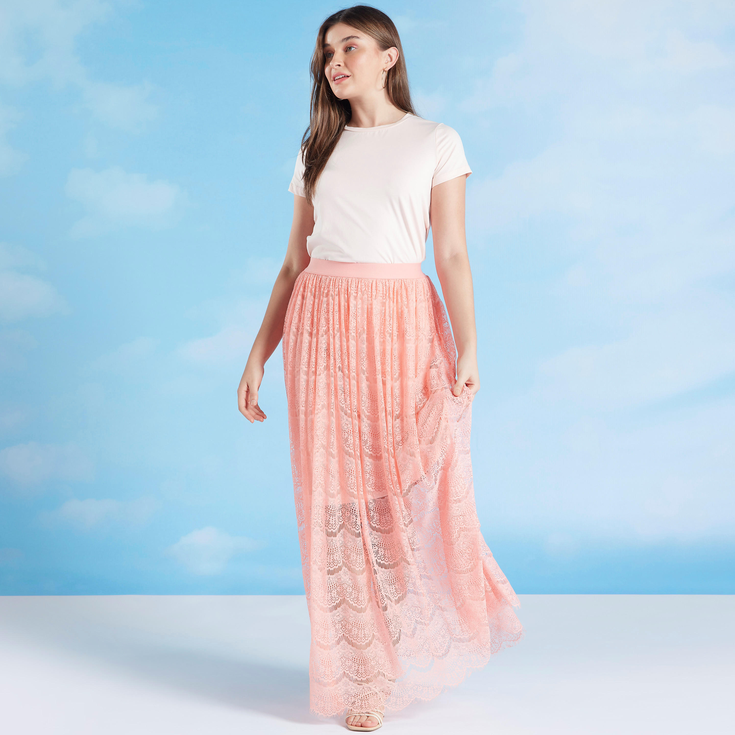تنورة إيه لاين طويلة بخصر مطاطي و تفاصيل دانتيل-women-clothing-bottoms-skirts-image-2