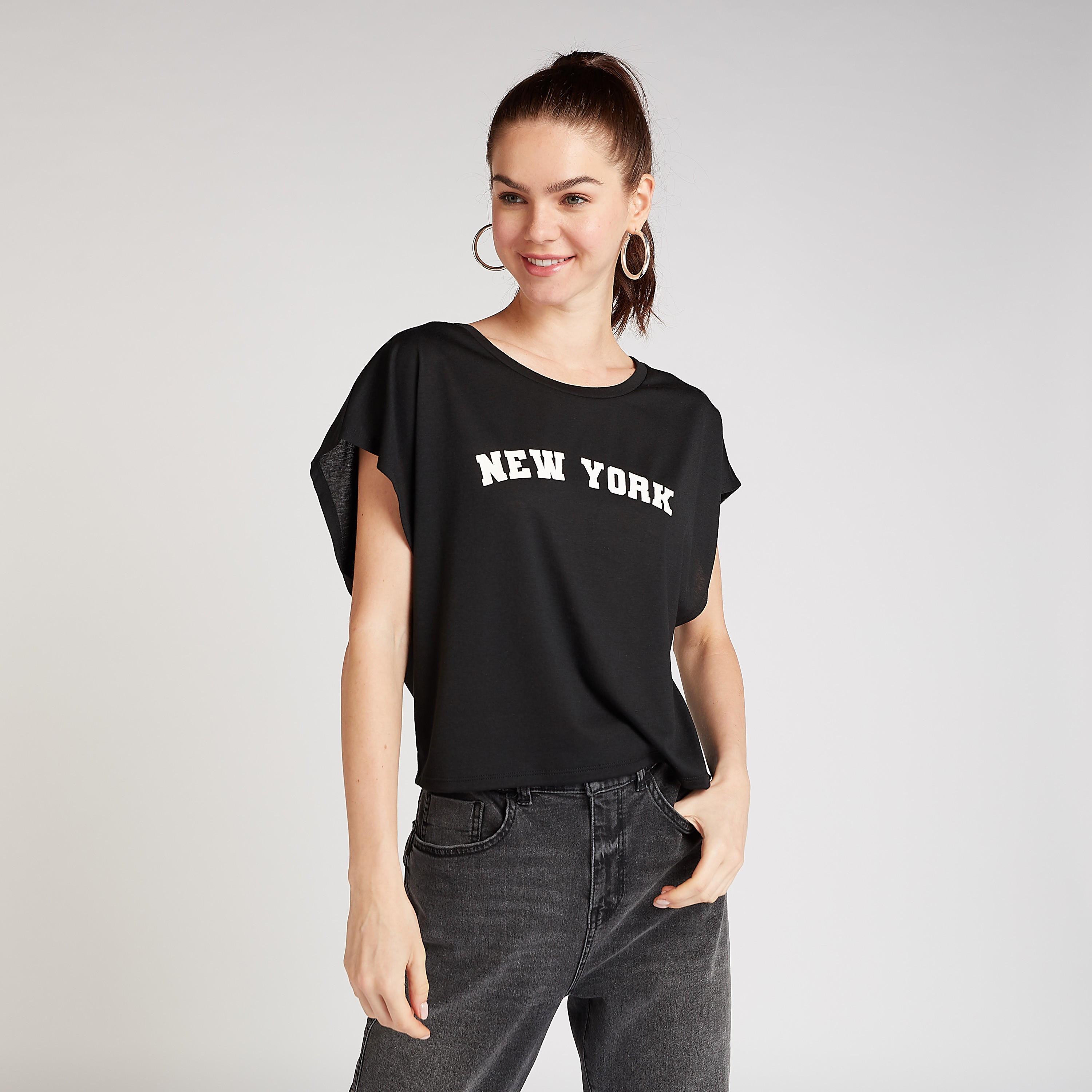 Typographic Print Crop Top with Round Neck and Extended Sleeves-women-clothing-tshirts-image-1