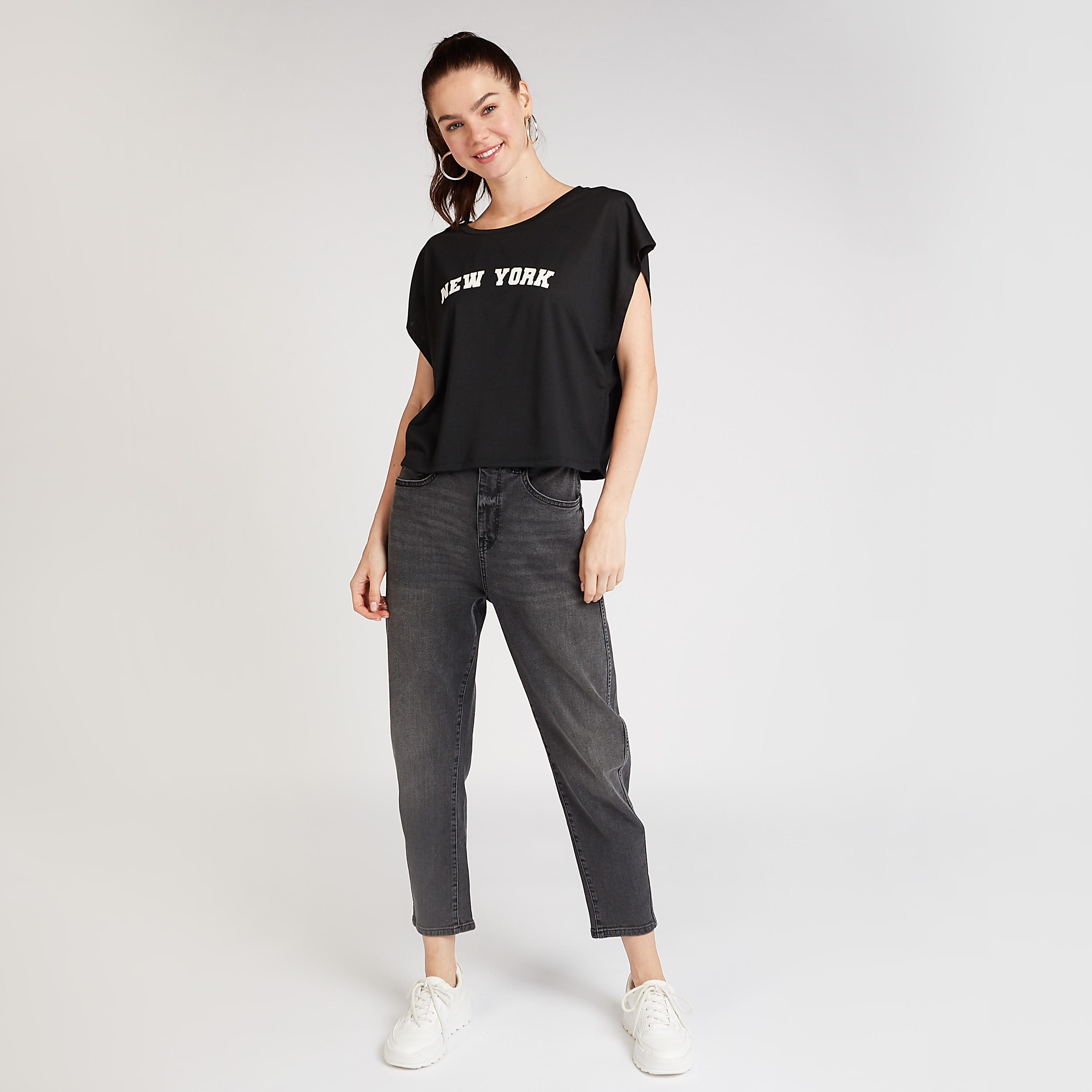 Typographic Print Crop Top with Round Neck and Extended Sleeves-women-clothing-tshirts-image-2