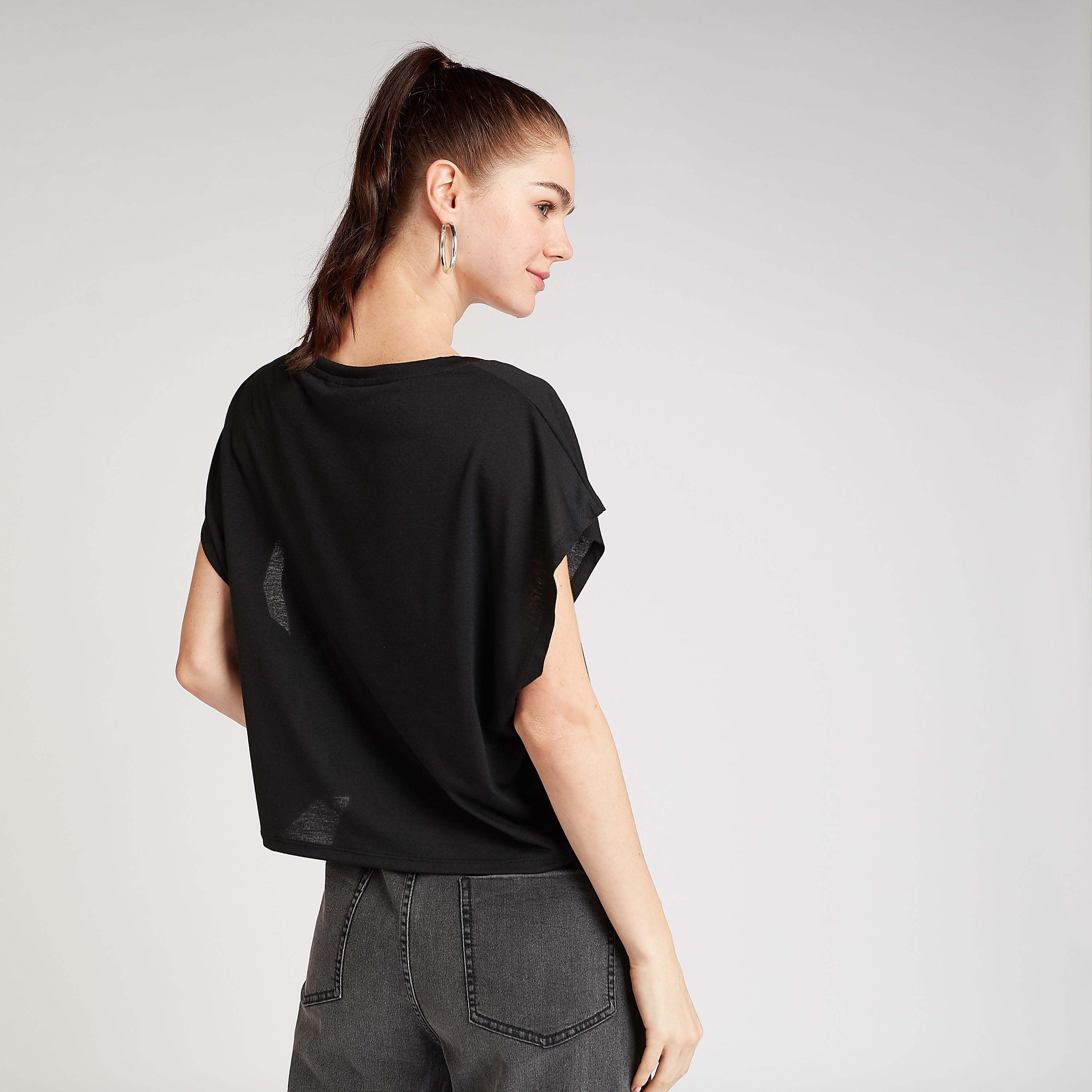 Typographic Print Crop Top with Round Neck and Extended Sleeves-women-clothing-tshirts-image-4