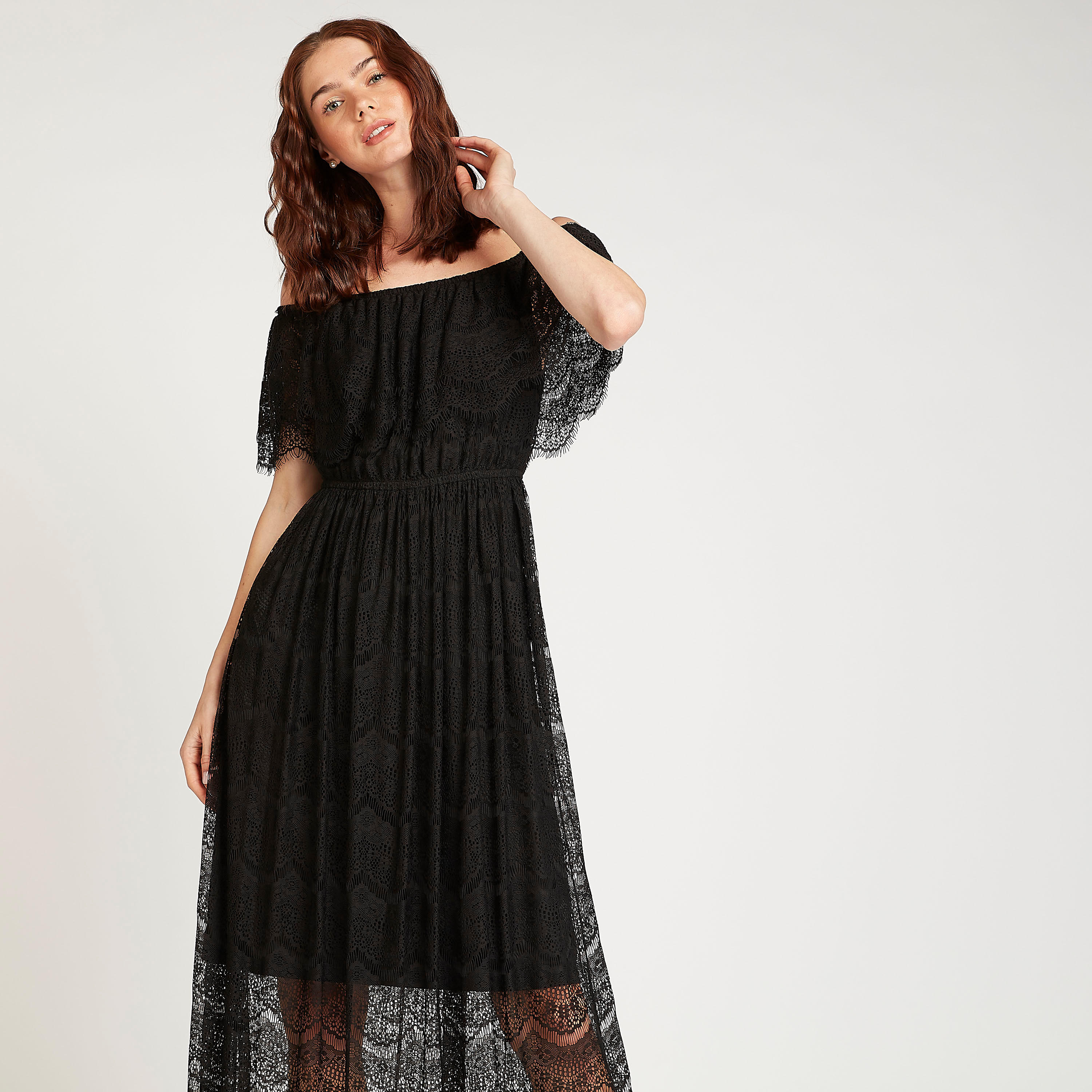 فستان مستدام طويل بأكتاف مكشوفة دانتيل وأكمام قصيرة-women-clothing-dresses-image-1