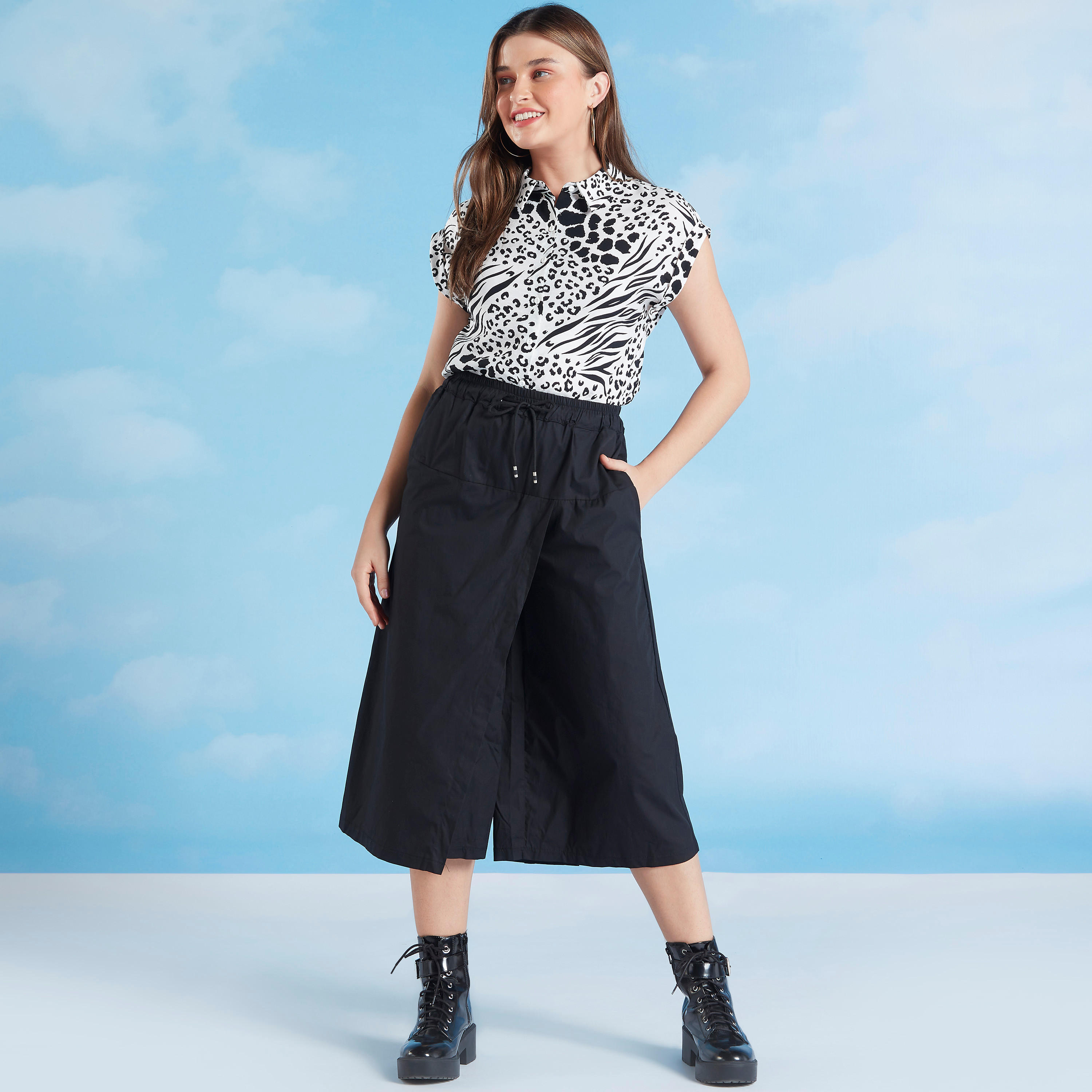 Animal Print Collared Shirt with Cap Sleeves-women-clothing-shirtsandblouses-shirts-image-2