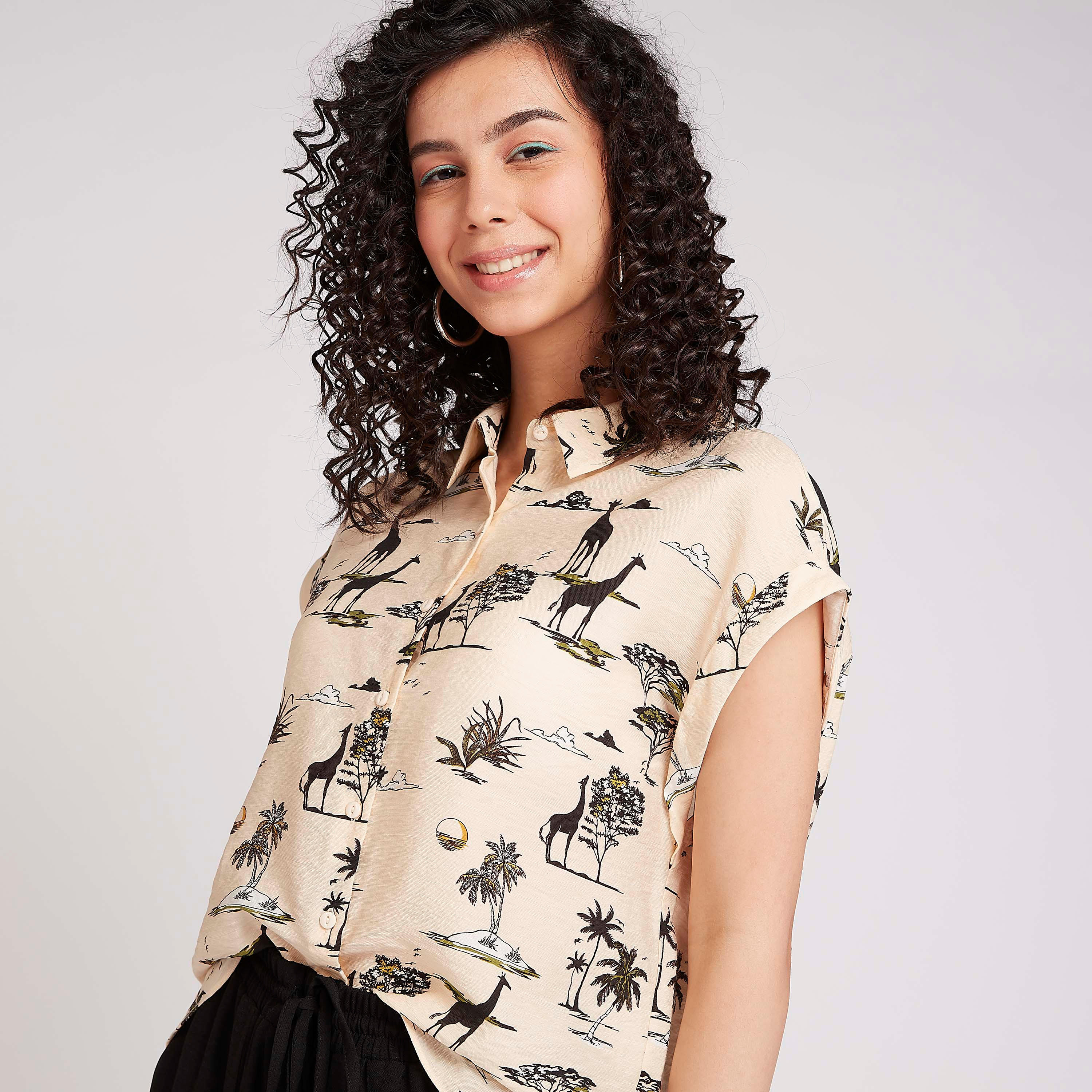 Graphic Print Collared Shirt with Cap Sleeves-women-clothing-shirtsandblouses-shirts-image-1