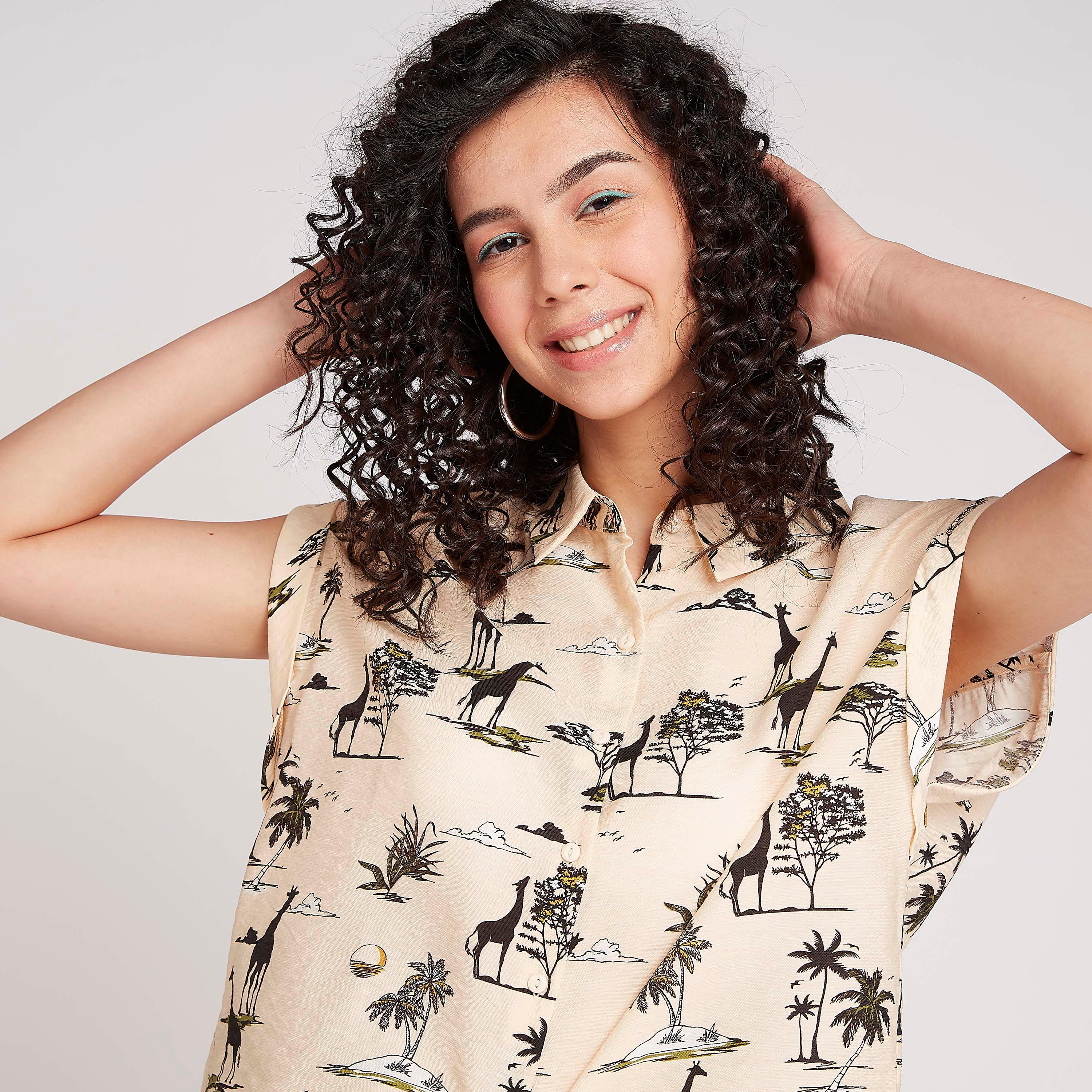 Graphic Print Collared Shirt with Cap Sleeves-women-clothing-shirtsandblouses-shirts-image-3