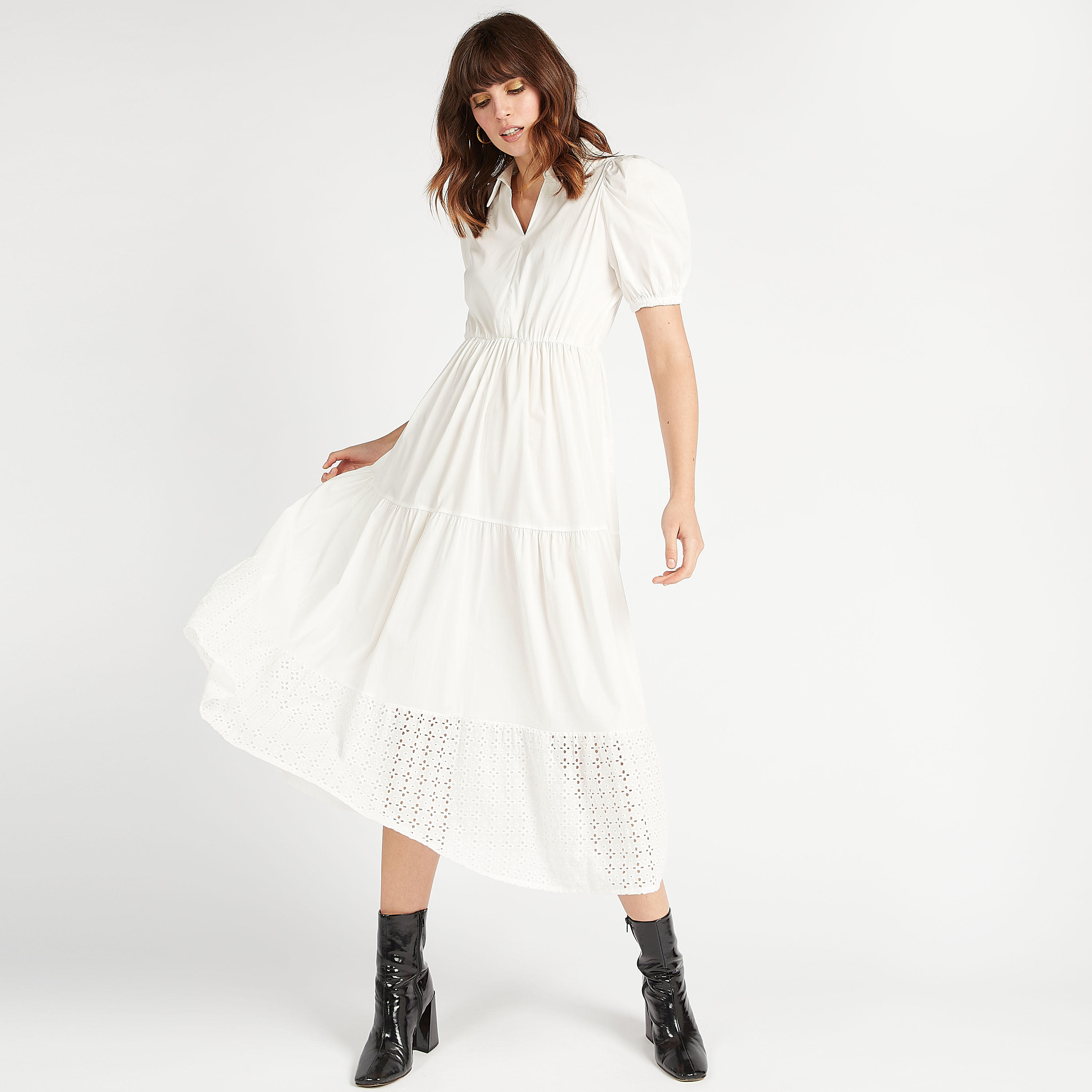 فستان ميدي إيه لاين سادة بياقة عادية مع أكمام منفوخة ولوح بتصاميم مفرّغة-women-clothing-dresses-image-6