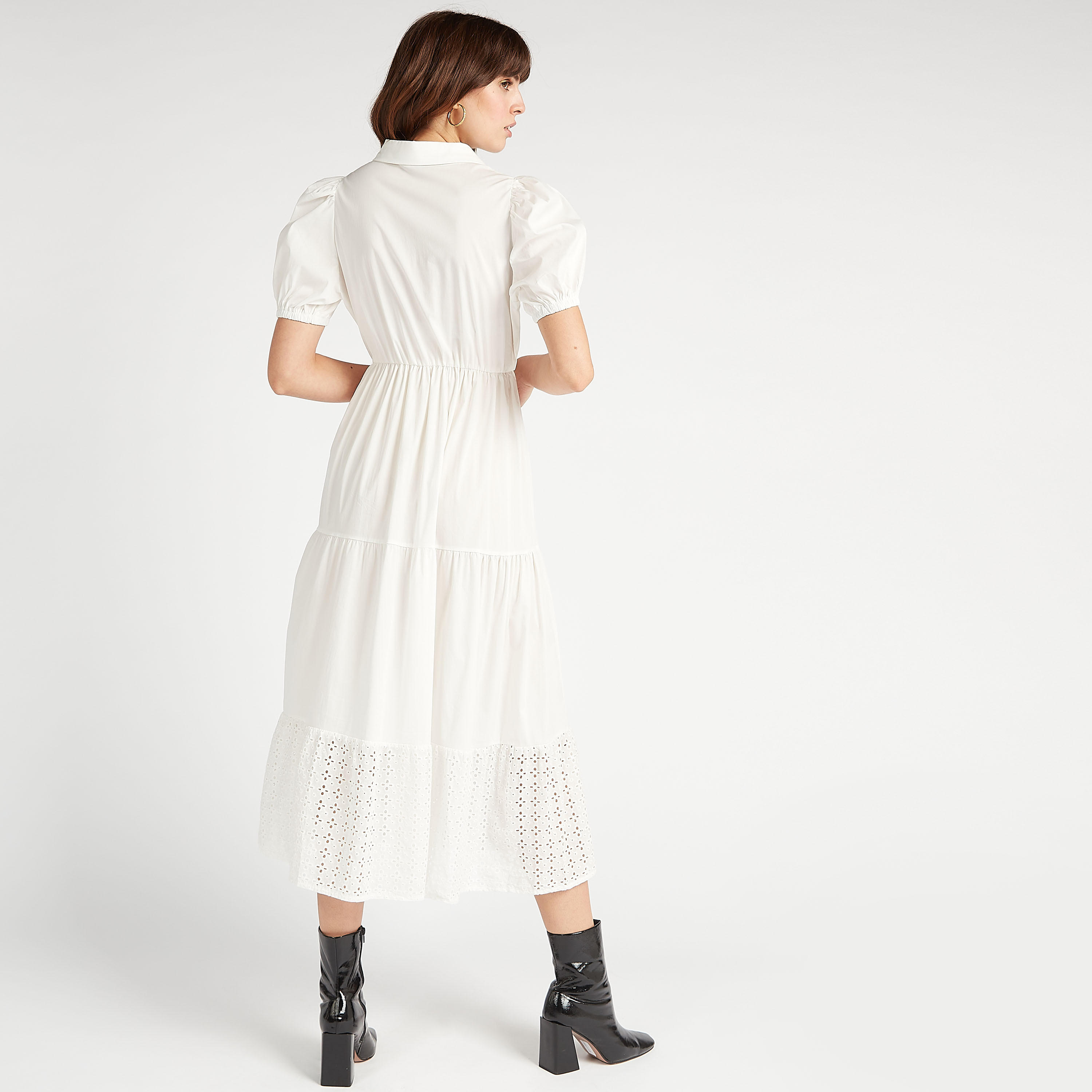 فستان ميدي إيه لاين سادة بياقة عادية مع أكمام منفوخة ولوح بتصاميم مفرّغة-women-clothing-dresses-image-4