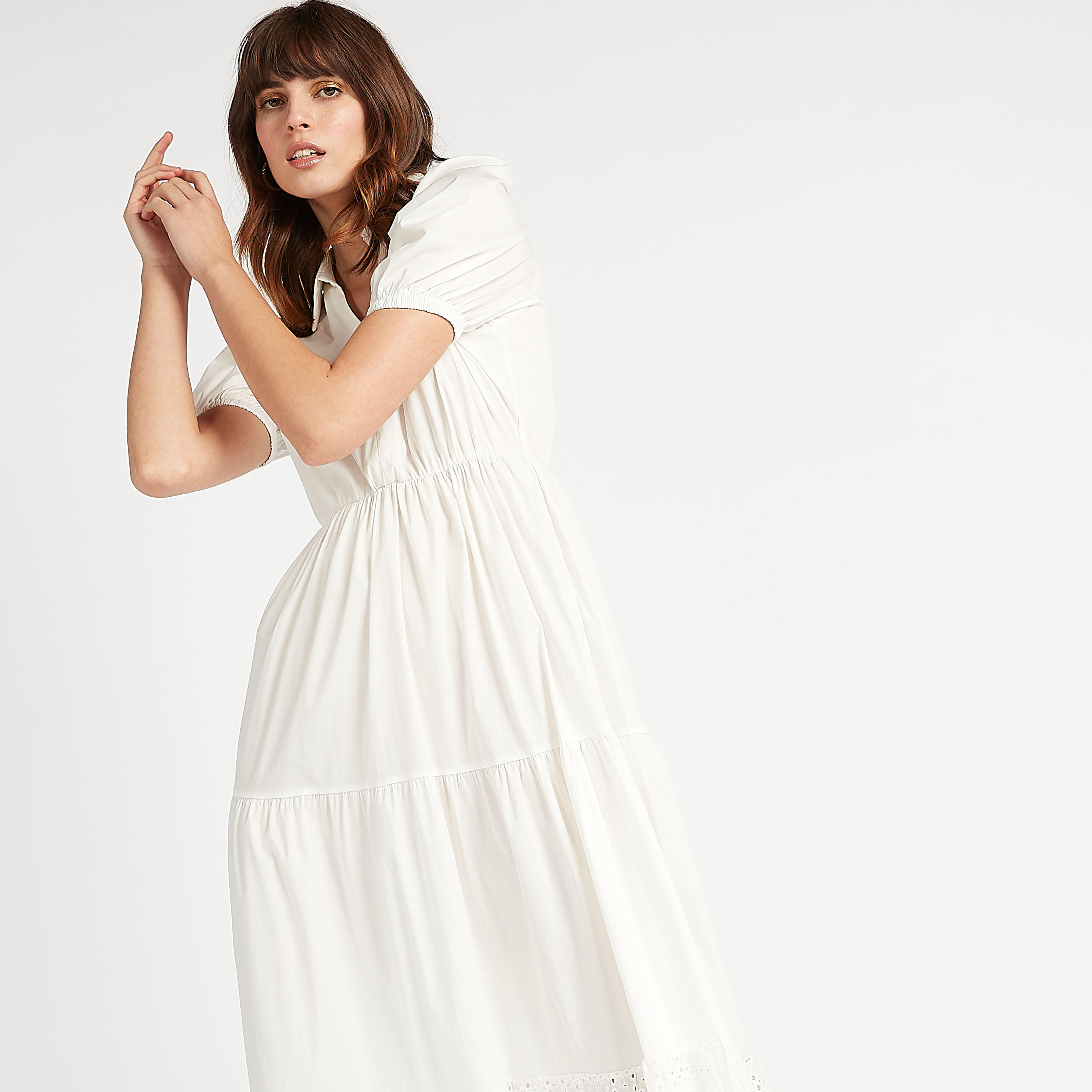 فستان ميدي إيه لاين سادة بياقة عادية مع أكمام منفوخة ولوح بتصاميم مفرّغة-women-clothing-dresses-image-8