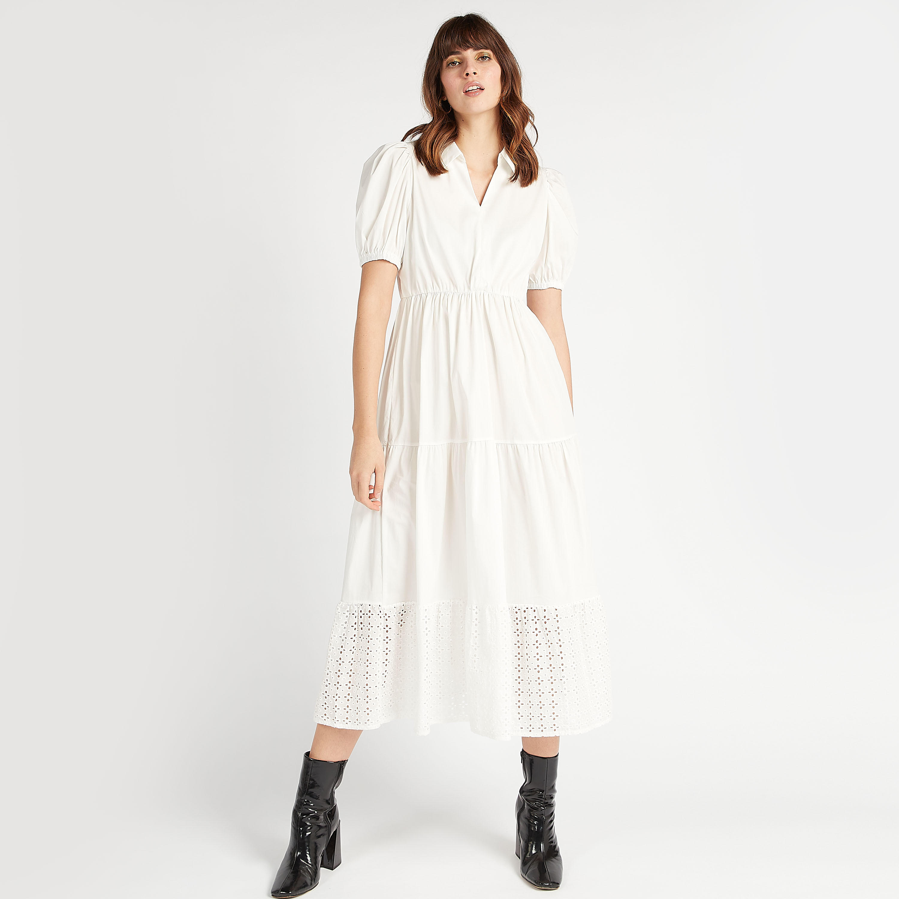 فستان ميدي إيه لاين سادة بياقة عادية مع أكمام منفوخة ولوح بتصاميم مفرّغة-women-clothing-dresses-image-1
