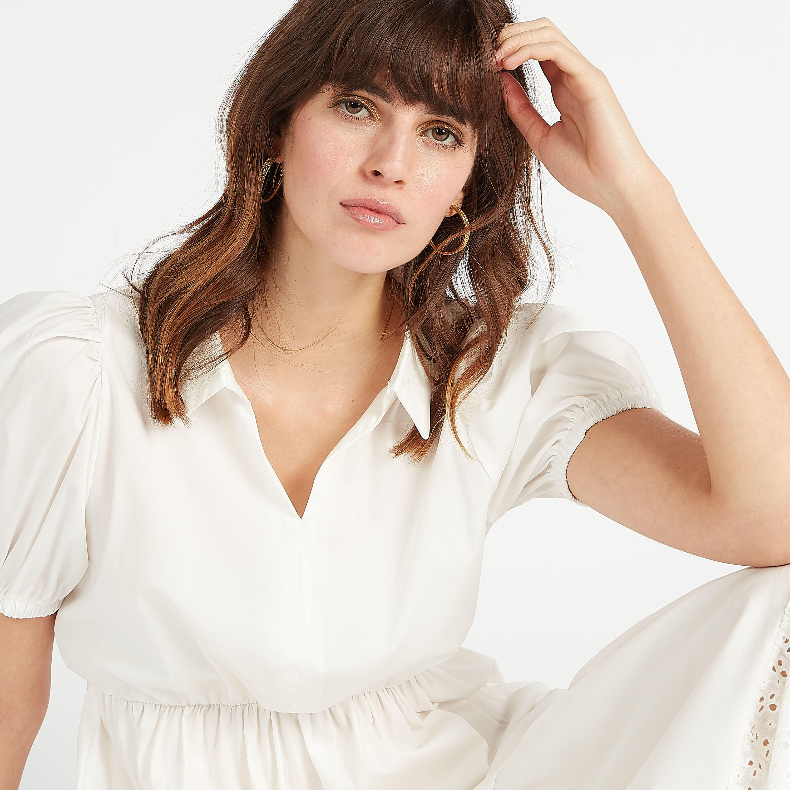 فستان ميدي إيه لاين سادة بياقة عادية مع أكمام منفوخة ولوح بتصاميم مفرّغة-women-clothing-dresses-image-7