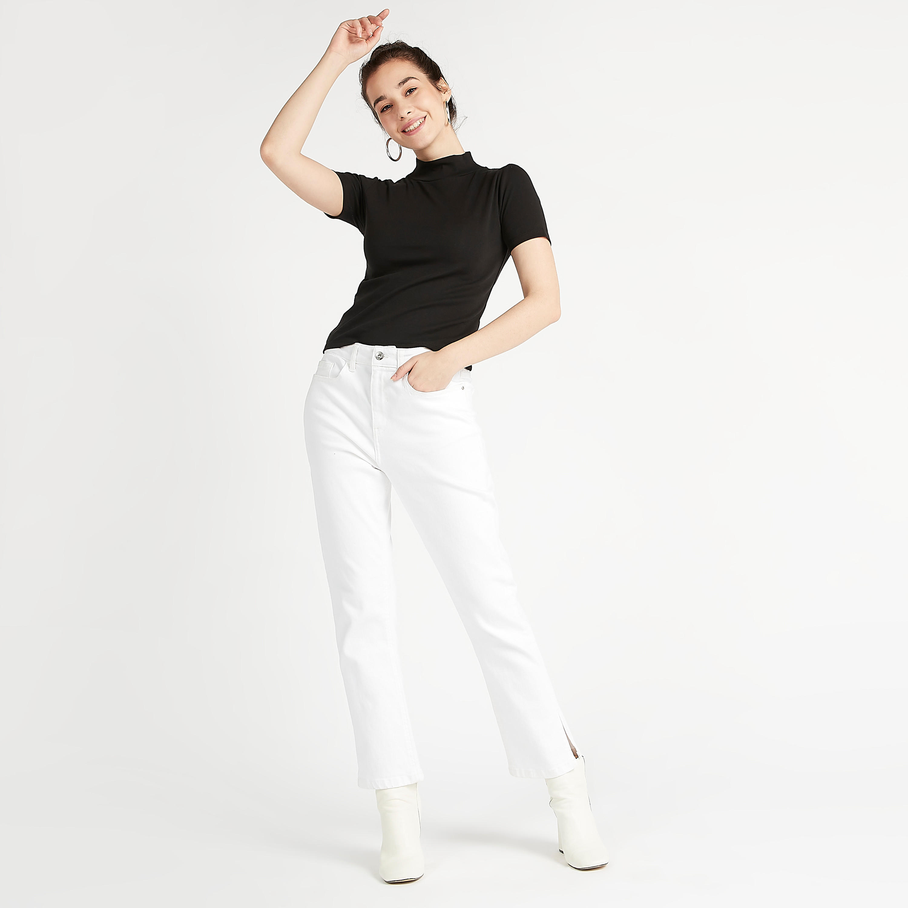 Solid T-shirt with High Neck and Short Sleeves-women-clothing-tshirts-image-1