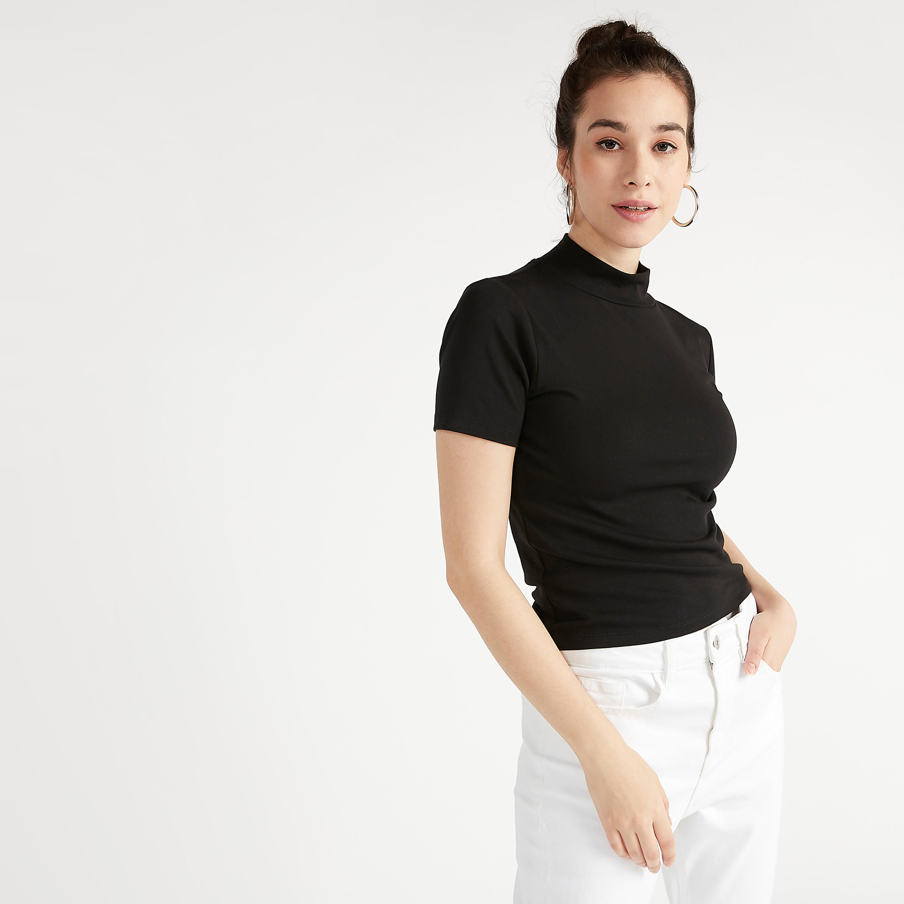 Solid T-shirt with High Neck and Short Sleeves-women-clothing-tshirts-image-2