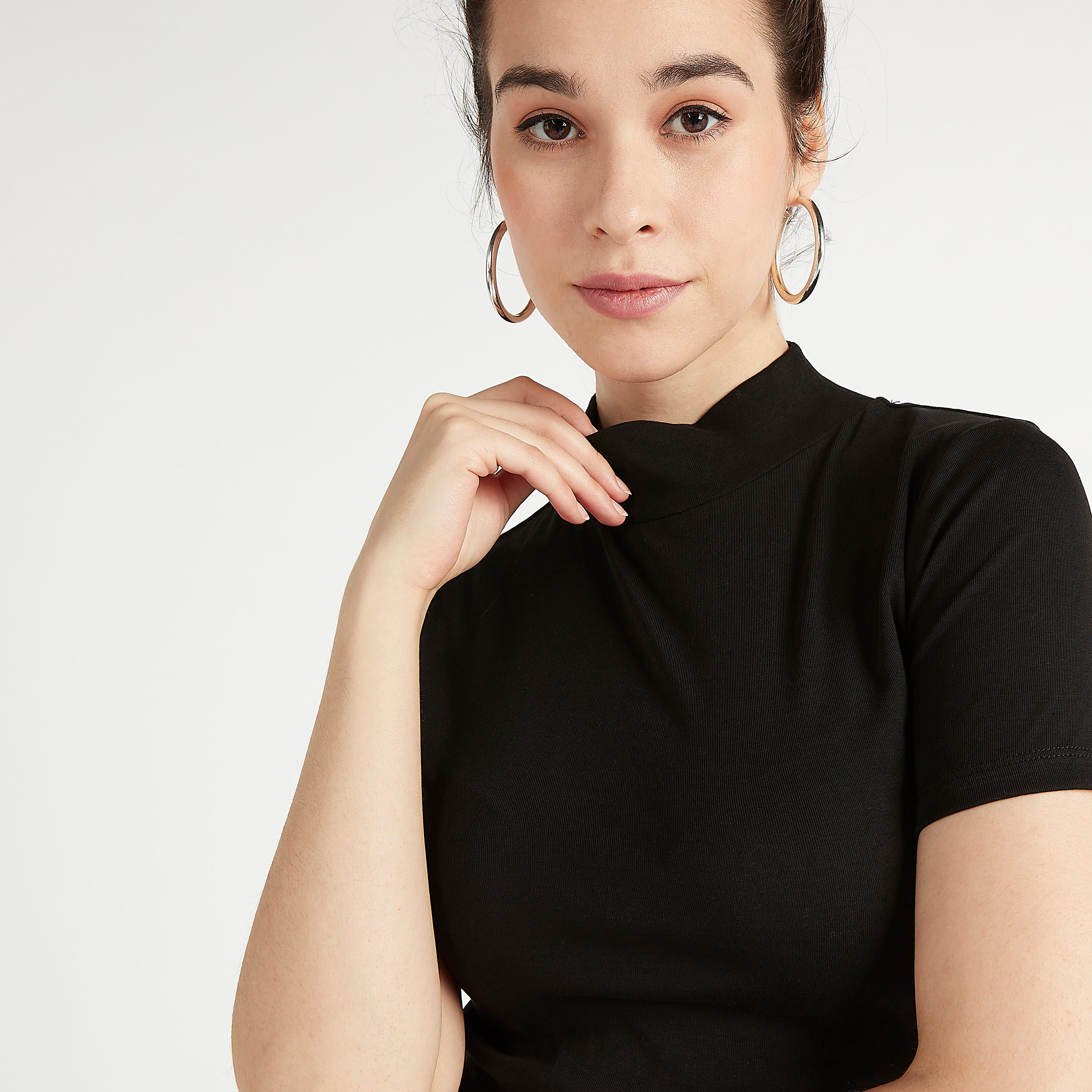 Solid T-shirt with High Neck and Short Sleeves-women-clothing-tshirts-image-3