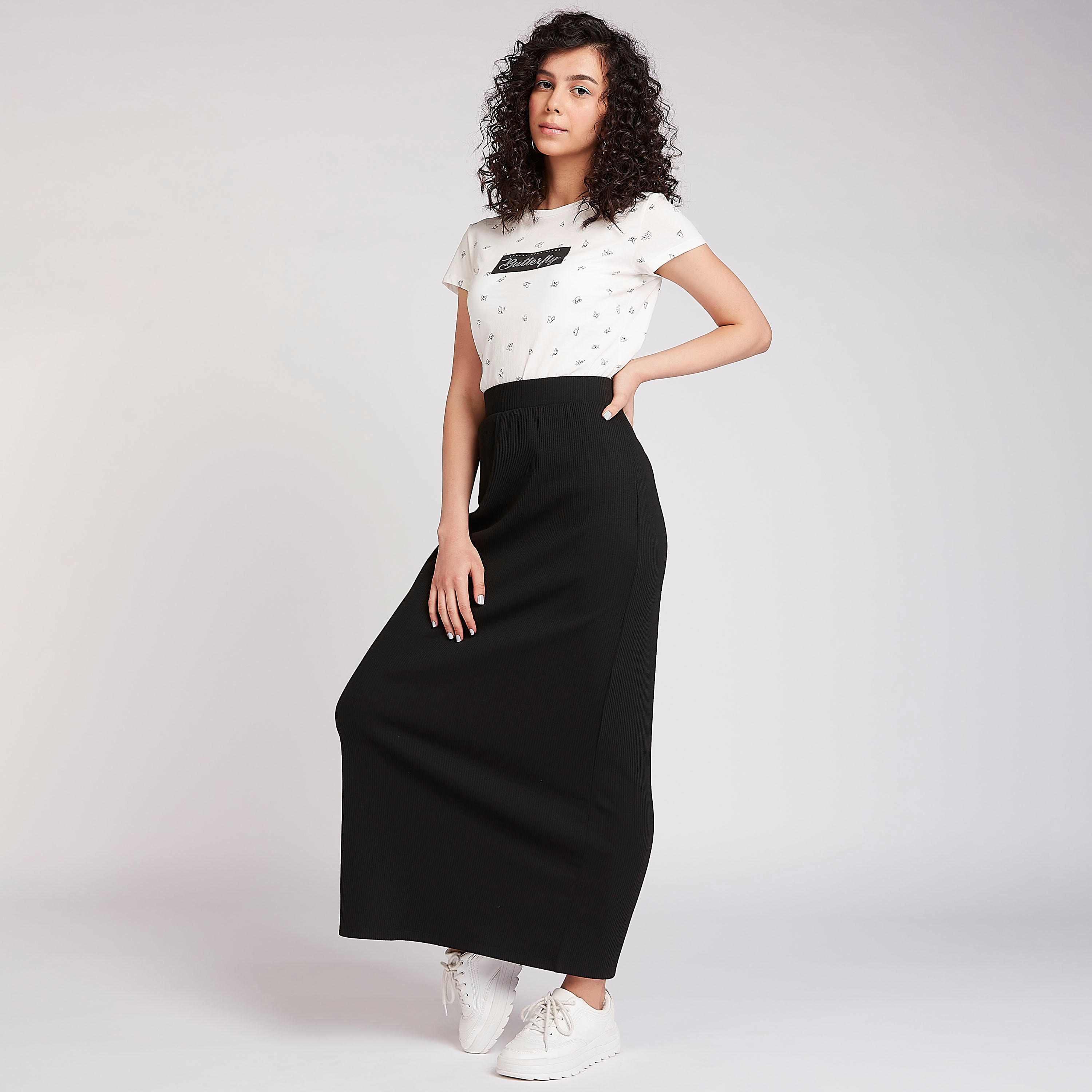 تنورة طويلة إيه لاين بارزة الملمس بخصر مطاطي-women-clothing-bottoms-skirts-image-2
