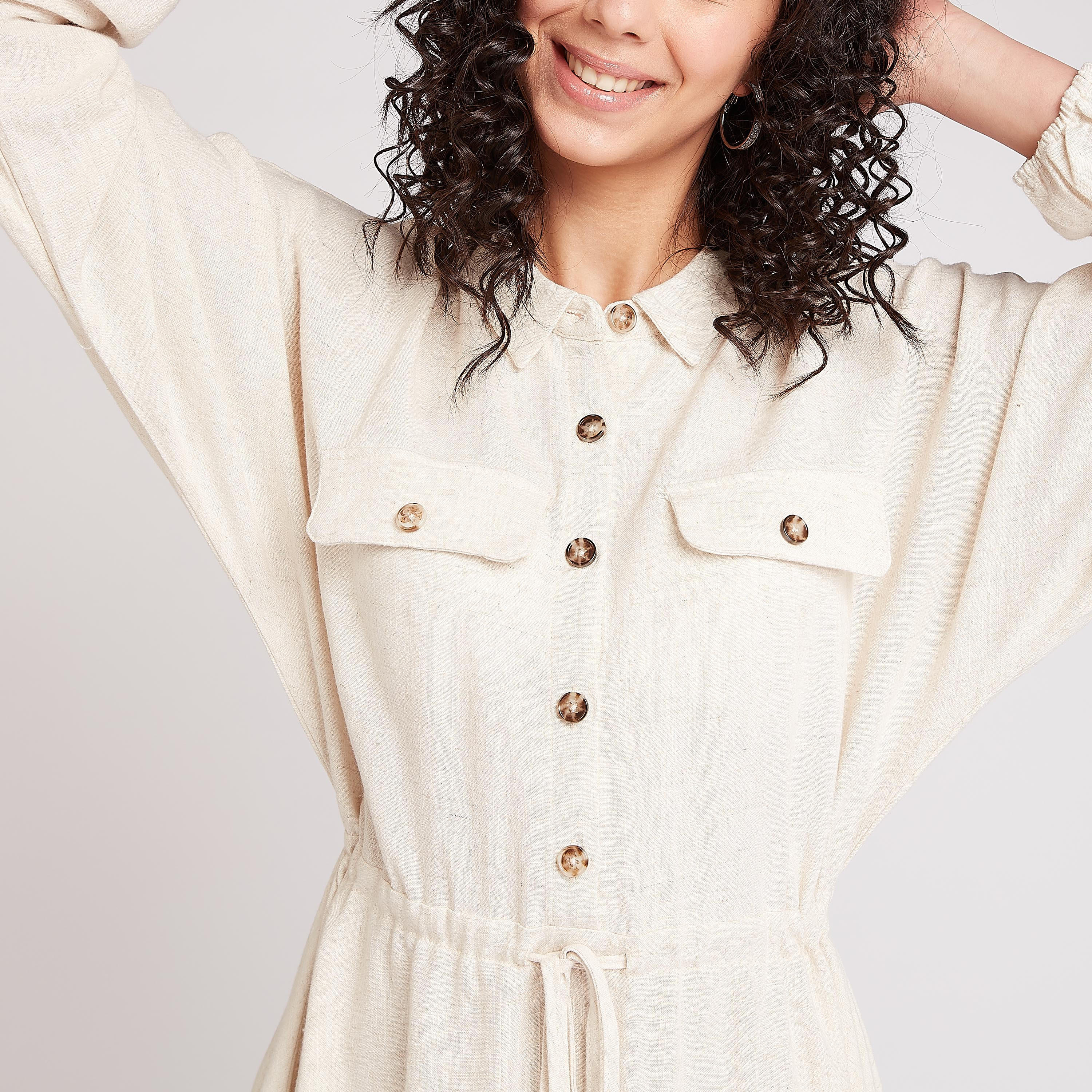 فستان منسدل قصير بارز الملمس بياقة عادية وأكمام طويلة-women-clothing-dresses-image-3