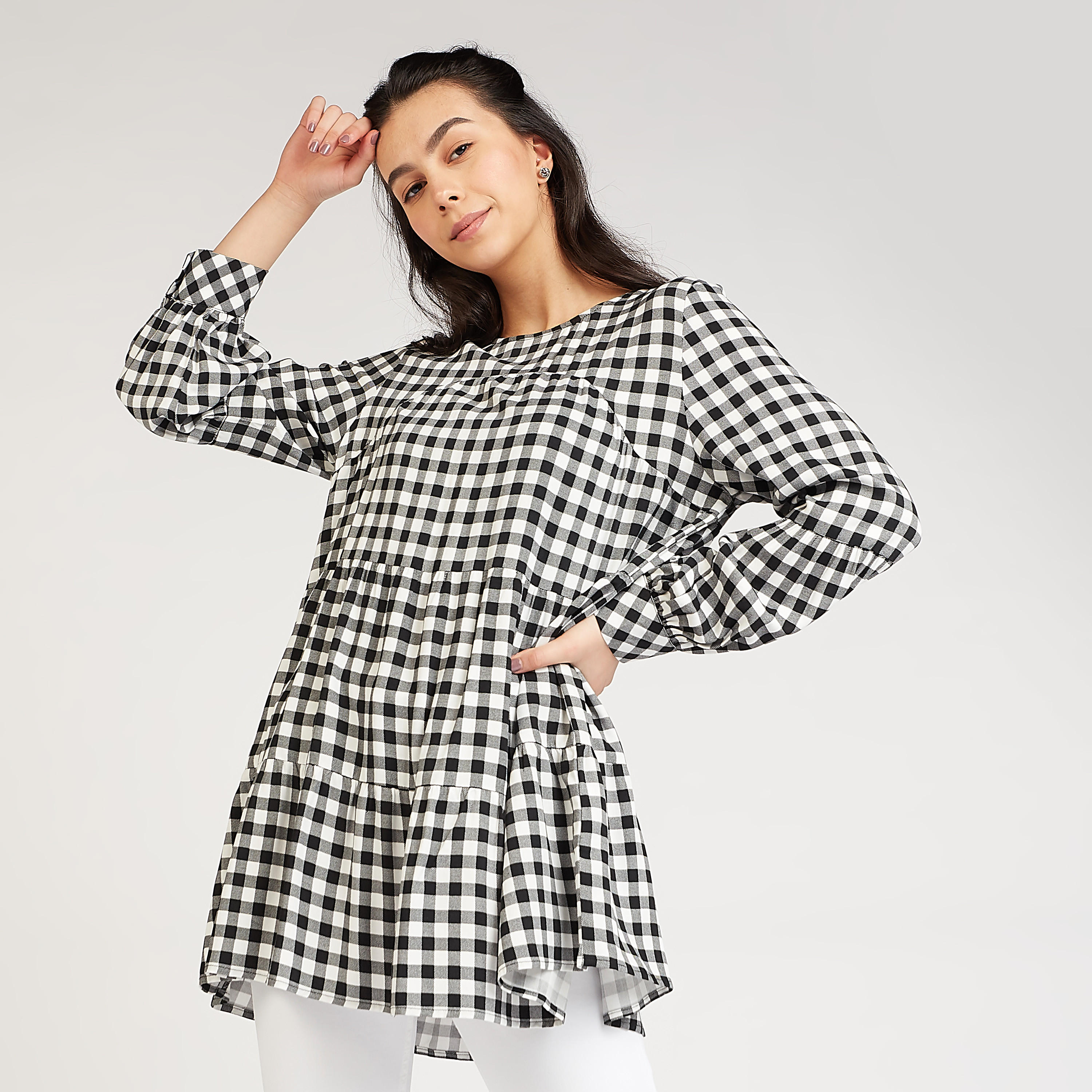 بلوزة كاروهات بأكمام طويلة وحوّاف غير مستوية-women-clothing-shirtsandblouses-blouses-image-6