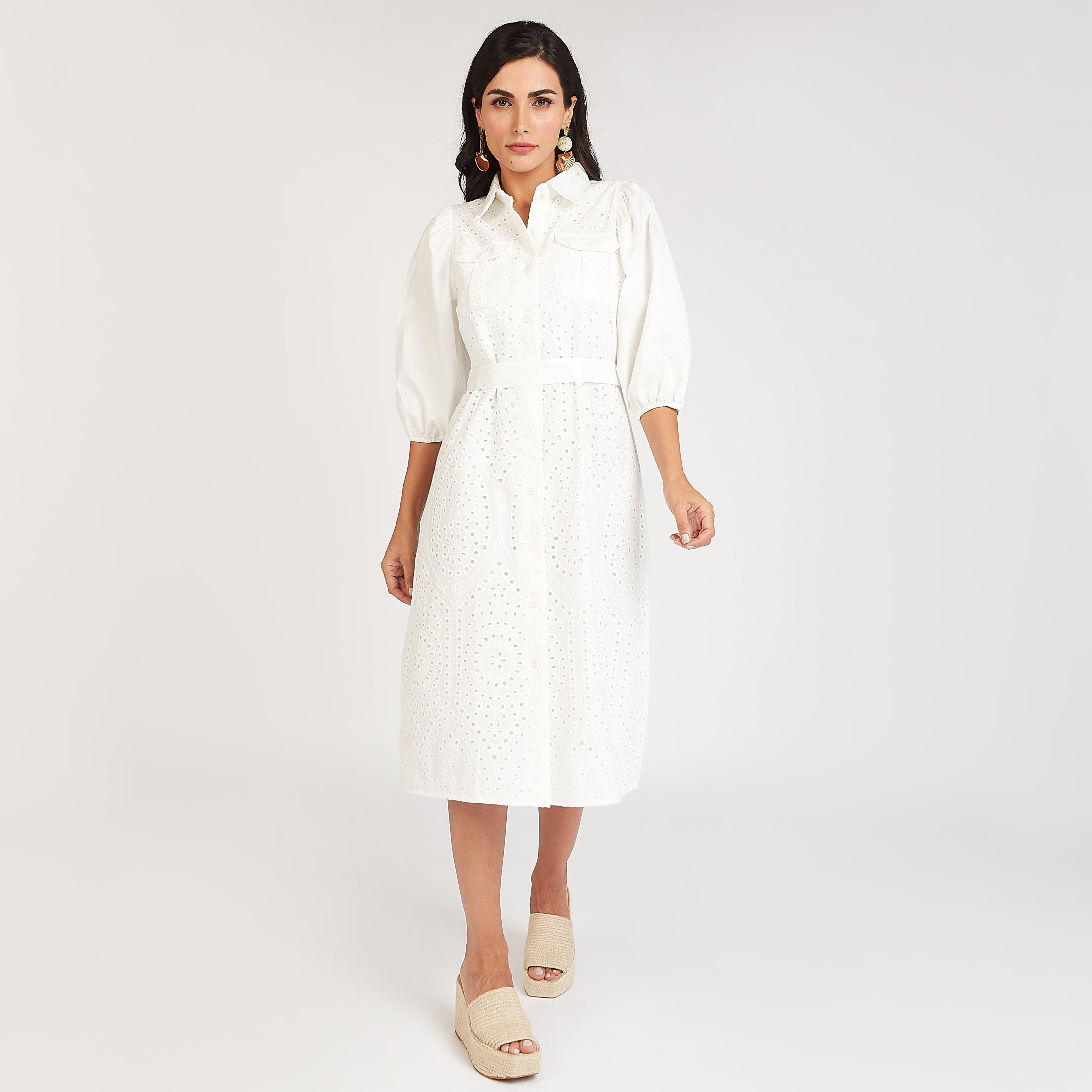 فستان شيفلي قميص ميدي بياقة عادية وأكمام  3/4-women-clothing-dresses-image-2