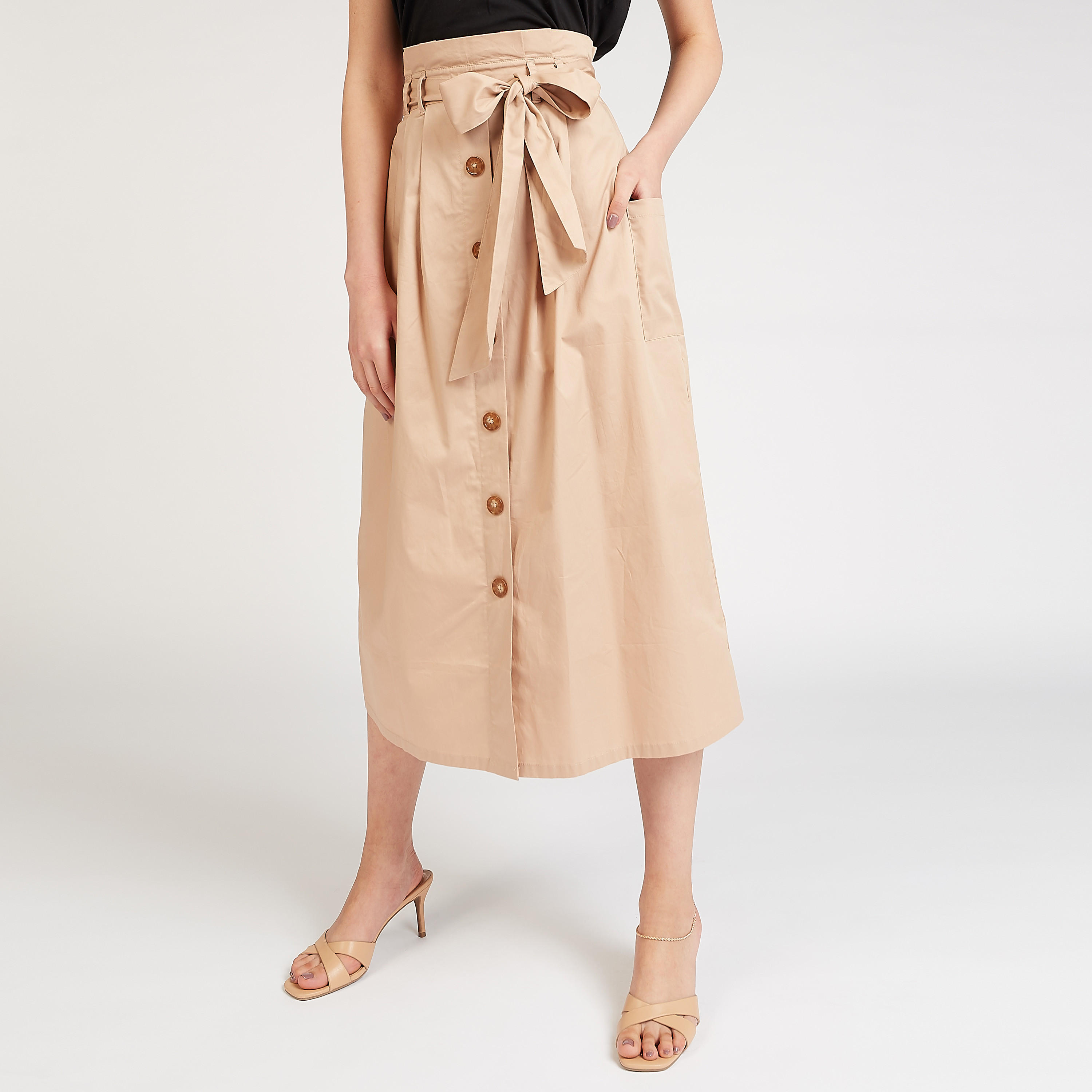 تنّورة مستدامة إيه لاين ميدي سادة بجيوب وأربطة-women-clothing-bottoms-skirts-image-1