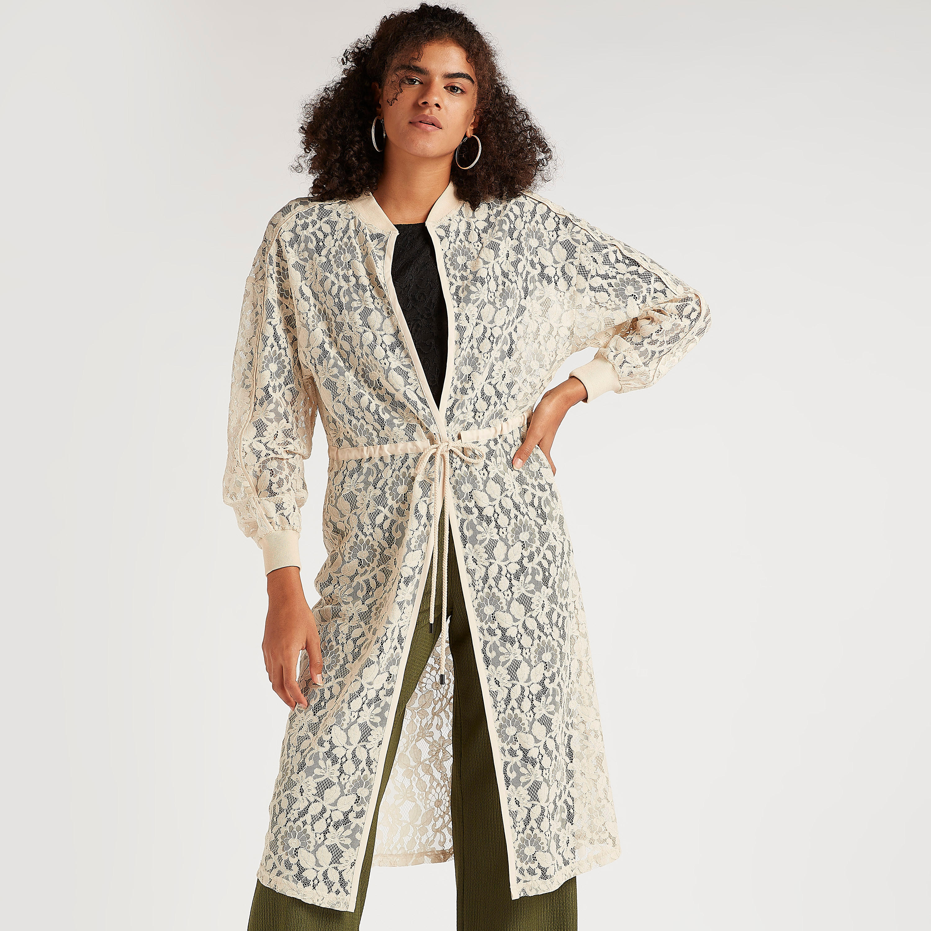جاكيت طويل دانتيل بأكمام طويلة وأربطة على الخصر-women-winterwear-coatsandjackets-jackets-image-1