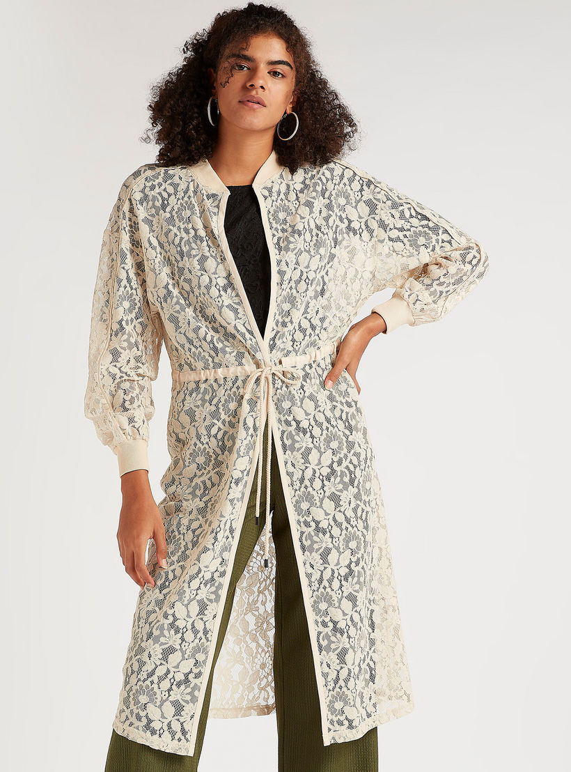 جاكيت طويل دانتيل بأكمام طويلة وأربطة على الخصر-women-winterwear-coatsandjackets-jackets-image-1
