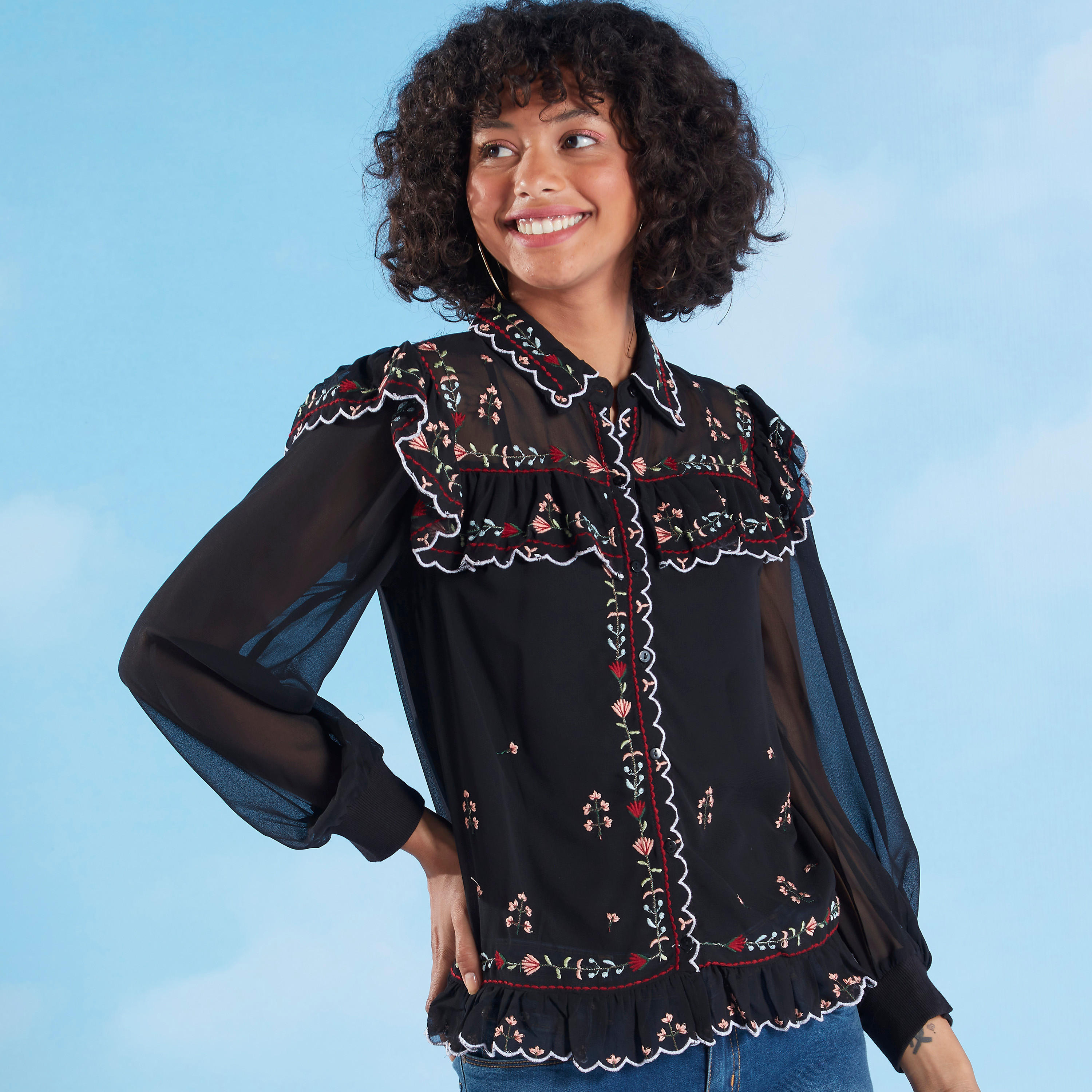 Embroidered Top with Spread Collar and Bishop Sleeves-women-clothing-shirtsandblouses-blouses-image-1