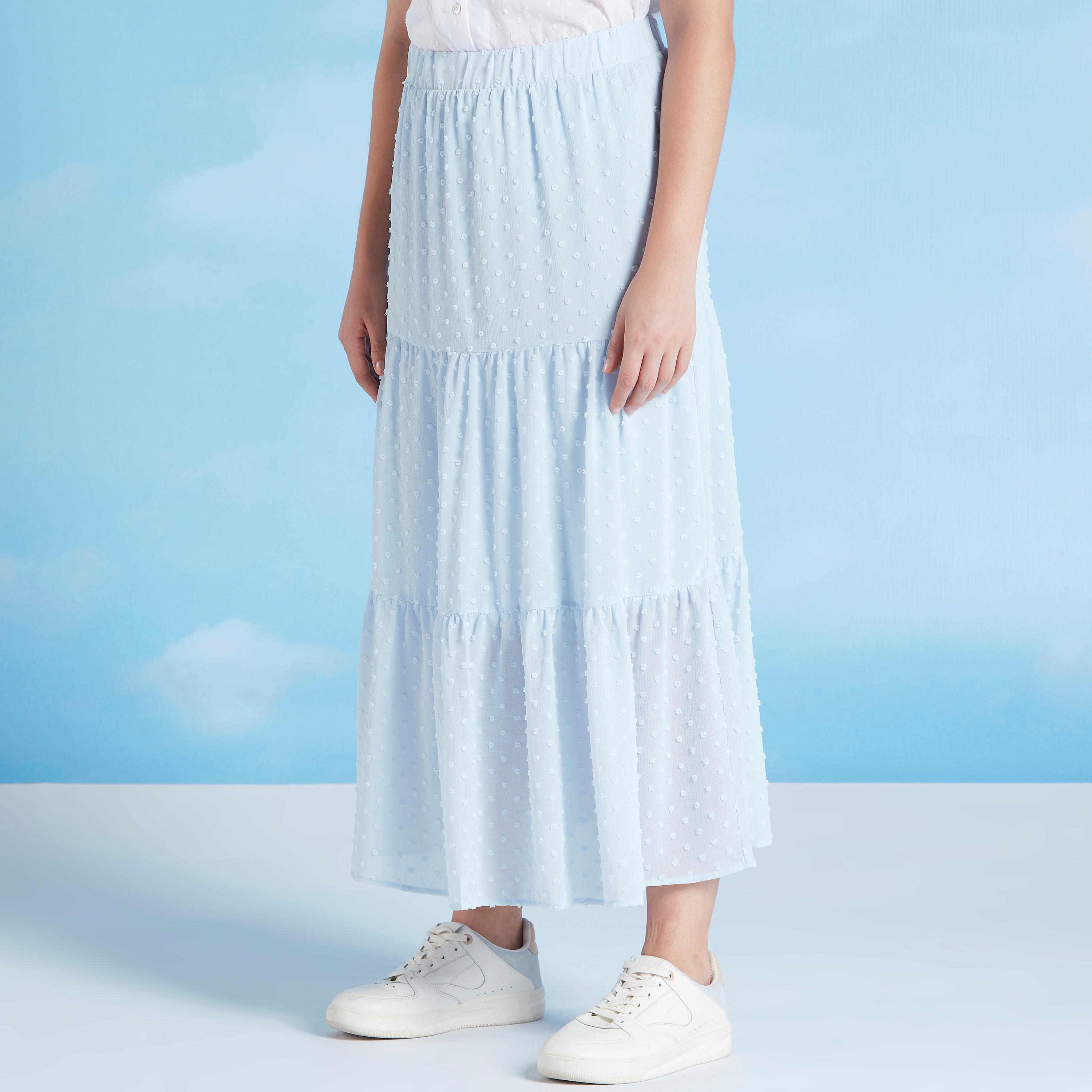 تنورة ميدي إيه لاين بارزة الملمس بخصر مطّاطي-women-clothing-bottoms-skirts-image-1