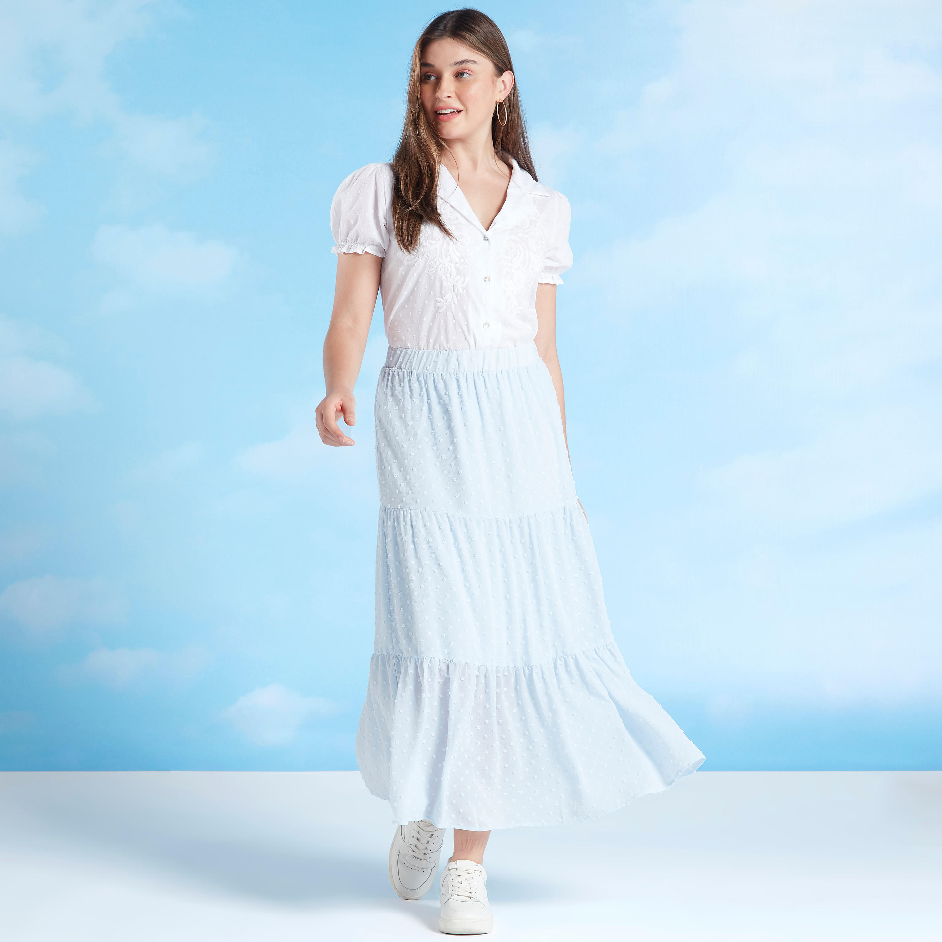 تنورة ميدي إيه لاين بارزة الملمس بخصر مطّاطي-women-clothing-bottoms-skirts-image-2