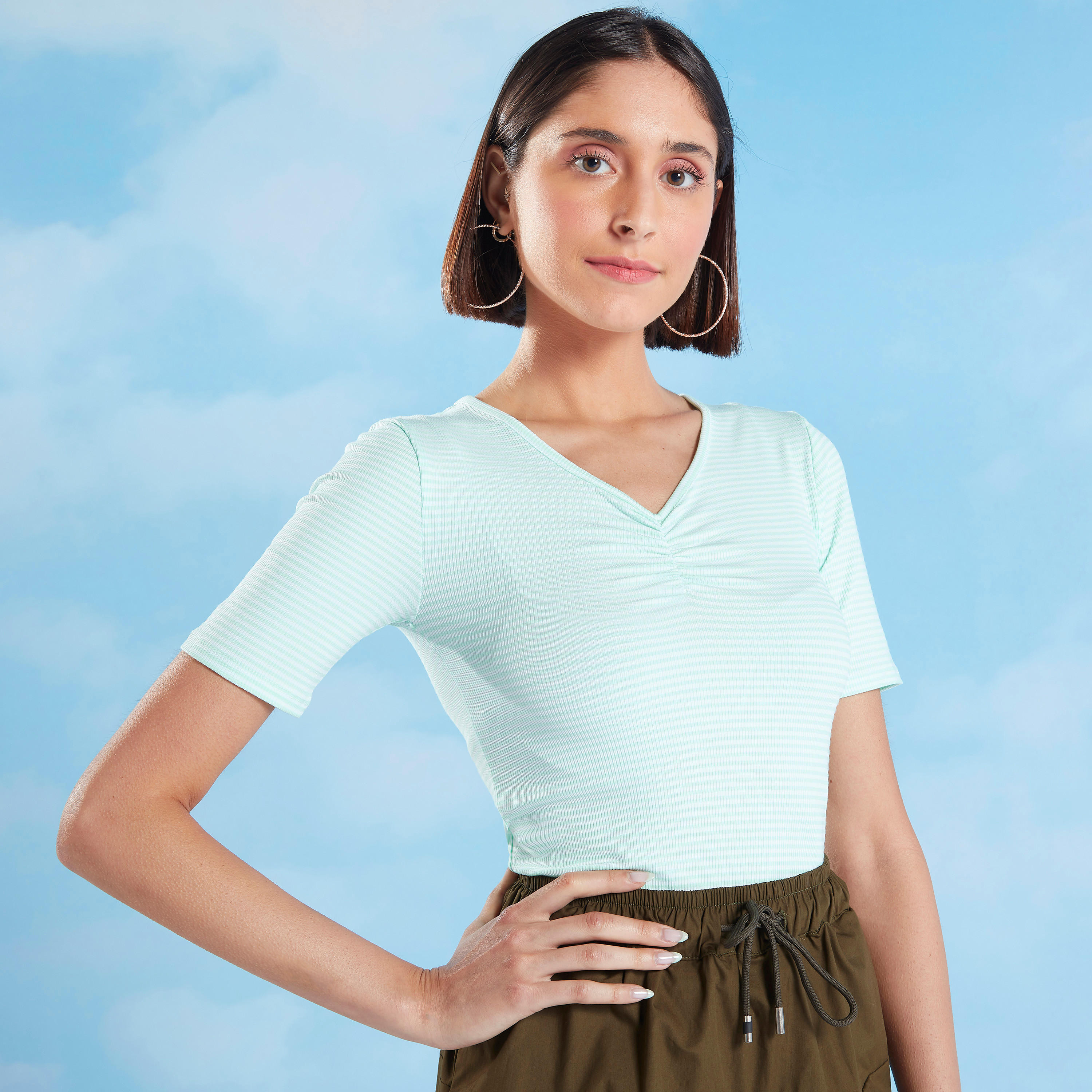 Striped T-shirt with V-neck and Short Sleeves-women-clothing-tshirts-image-1