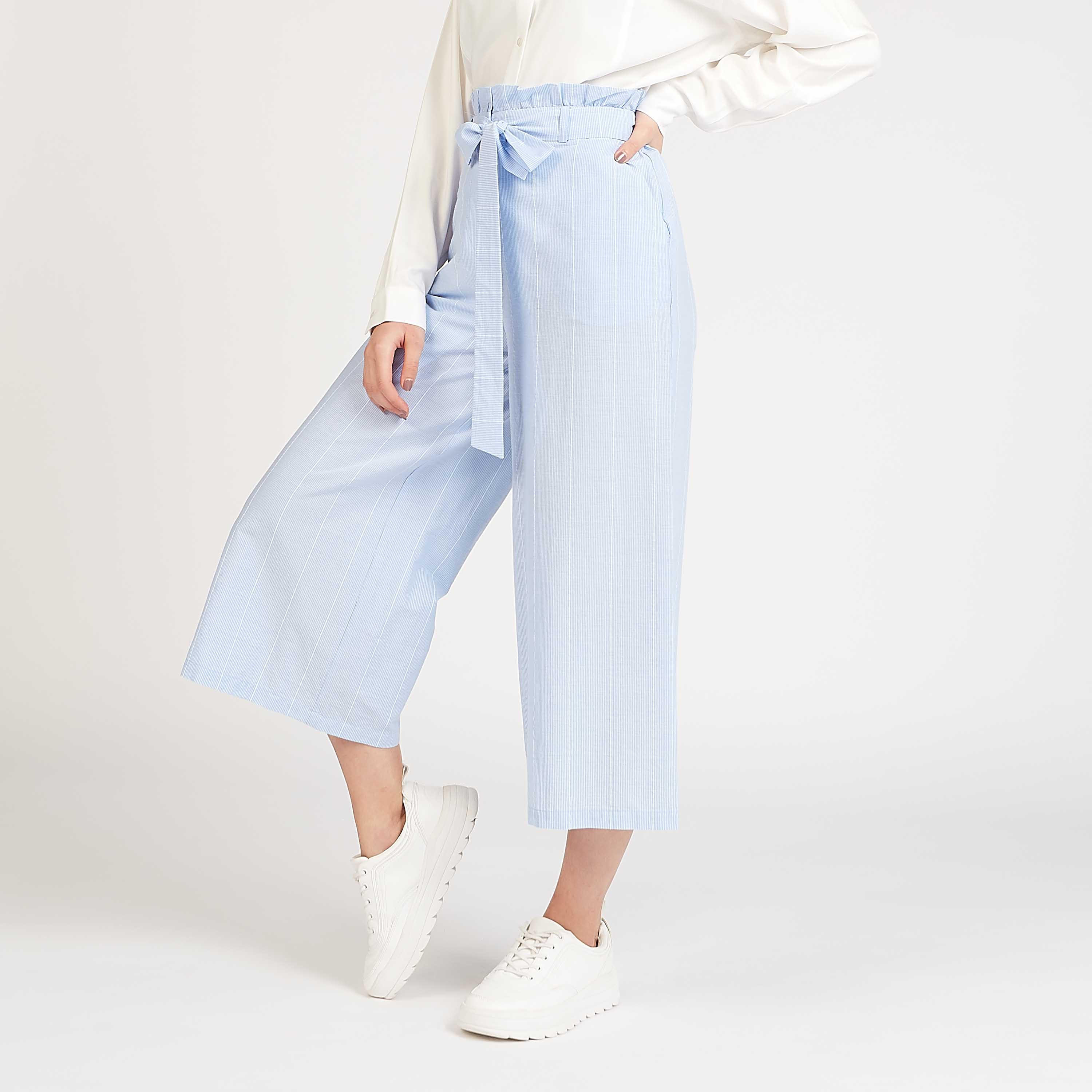 Striped Mid-Rise Culottes with Paperbag Waist-women-clothing-bottoms-trousers-image-1