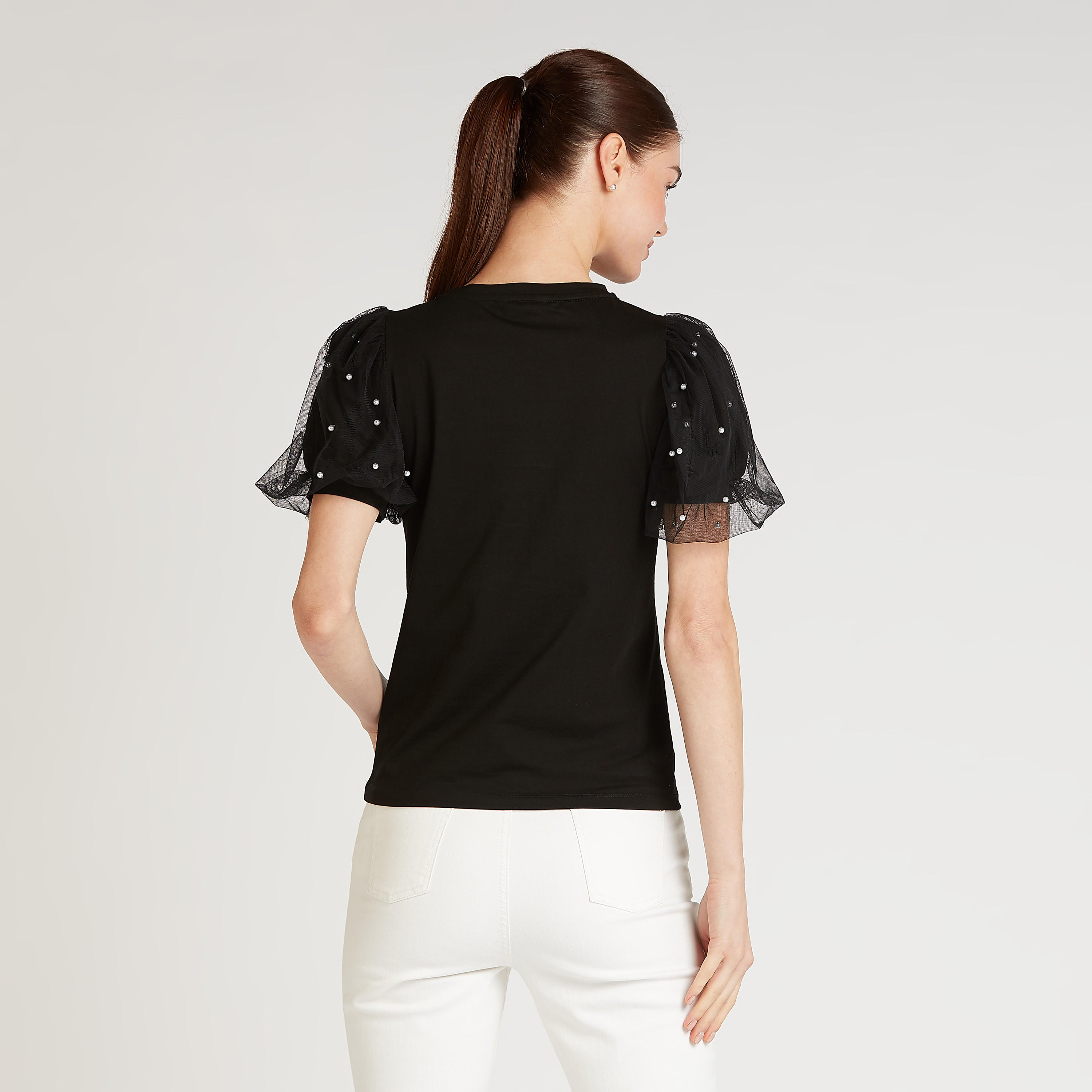 بلوزة سادة بياقة ضيقة وأكمام قصيرة مزينة-women-clothing-shirtsandblouses-blouses-image-4