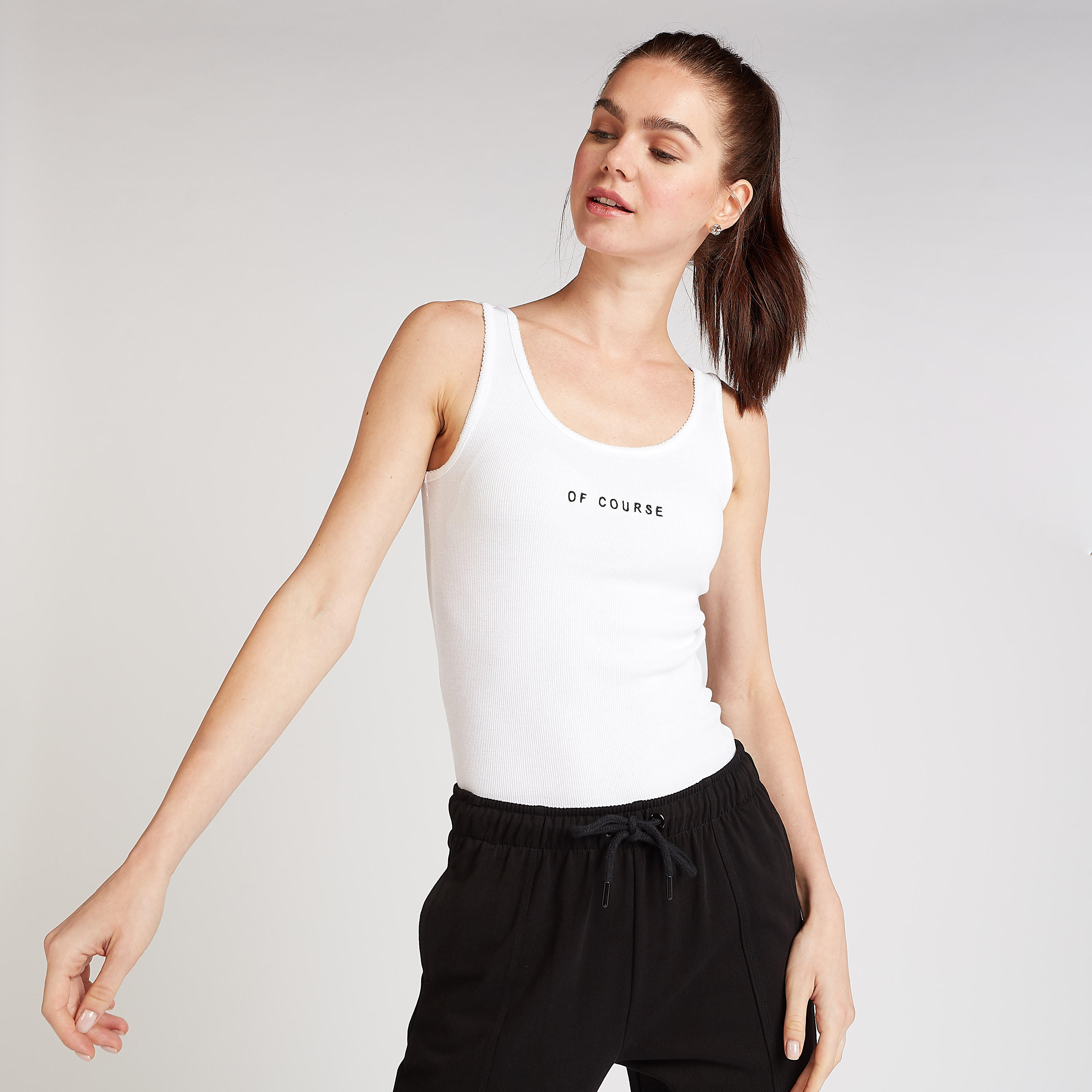 فيست سليم فيت دون أكمام بارزة الملمس بياقة عميقة-women-clothing-tshirts-image-1