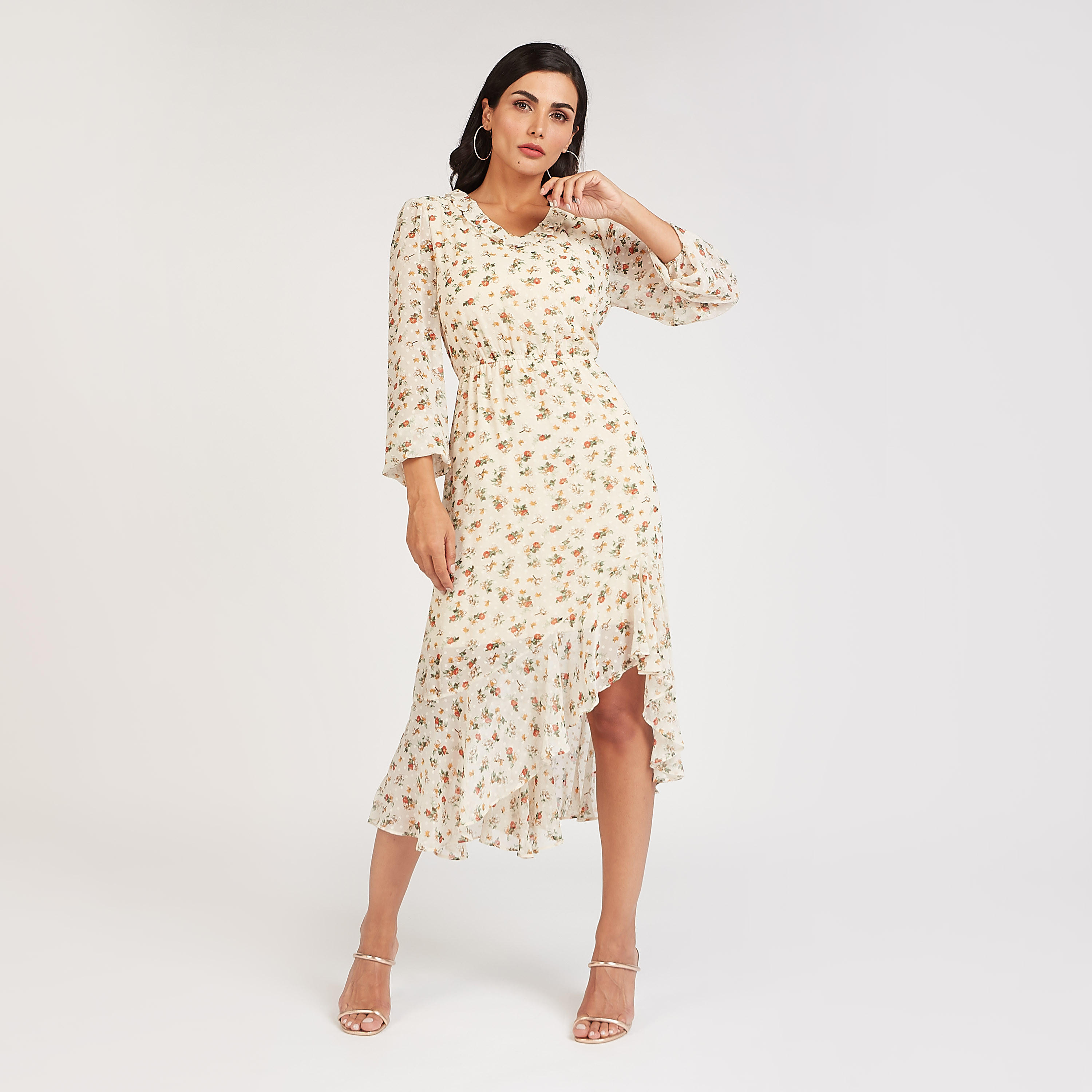 فستان ميدي إيه لاين دانتيل بأكمام 3/4 وياقة v وطبعات أزهار-women-clothing-dresses-image-1