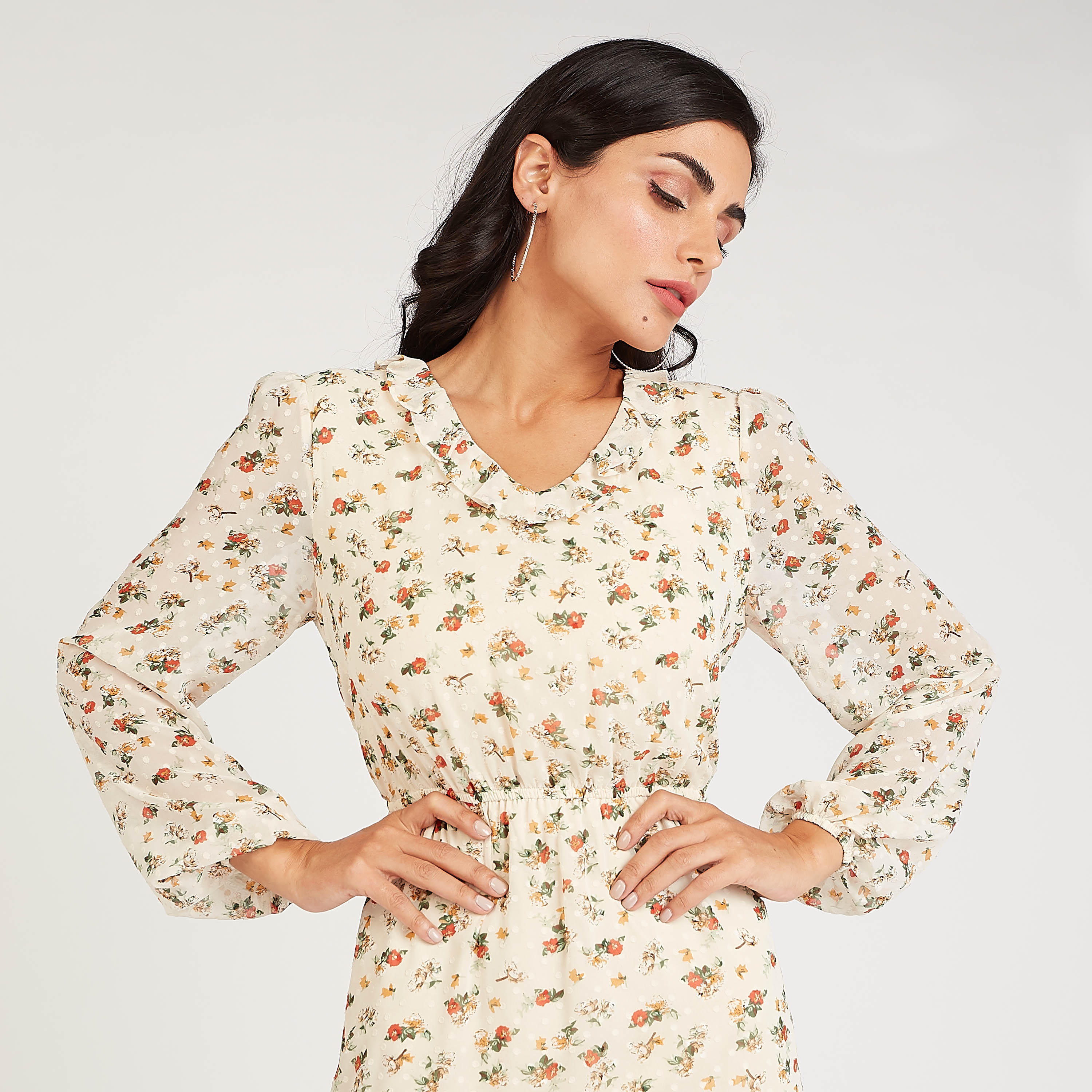 فستان ميدي إيه لاين دانتيل بأكمام 3/4 وياقة v وطبعات أزهار-women-clothing-dresses-image-2