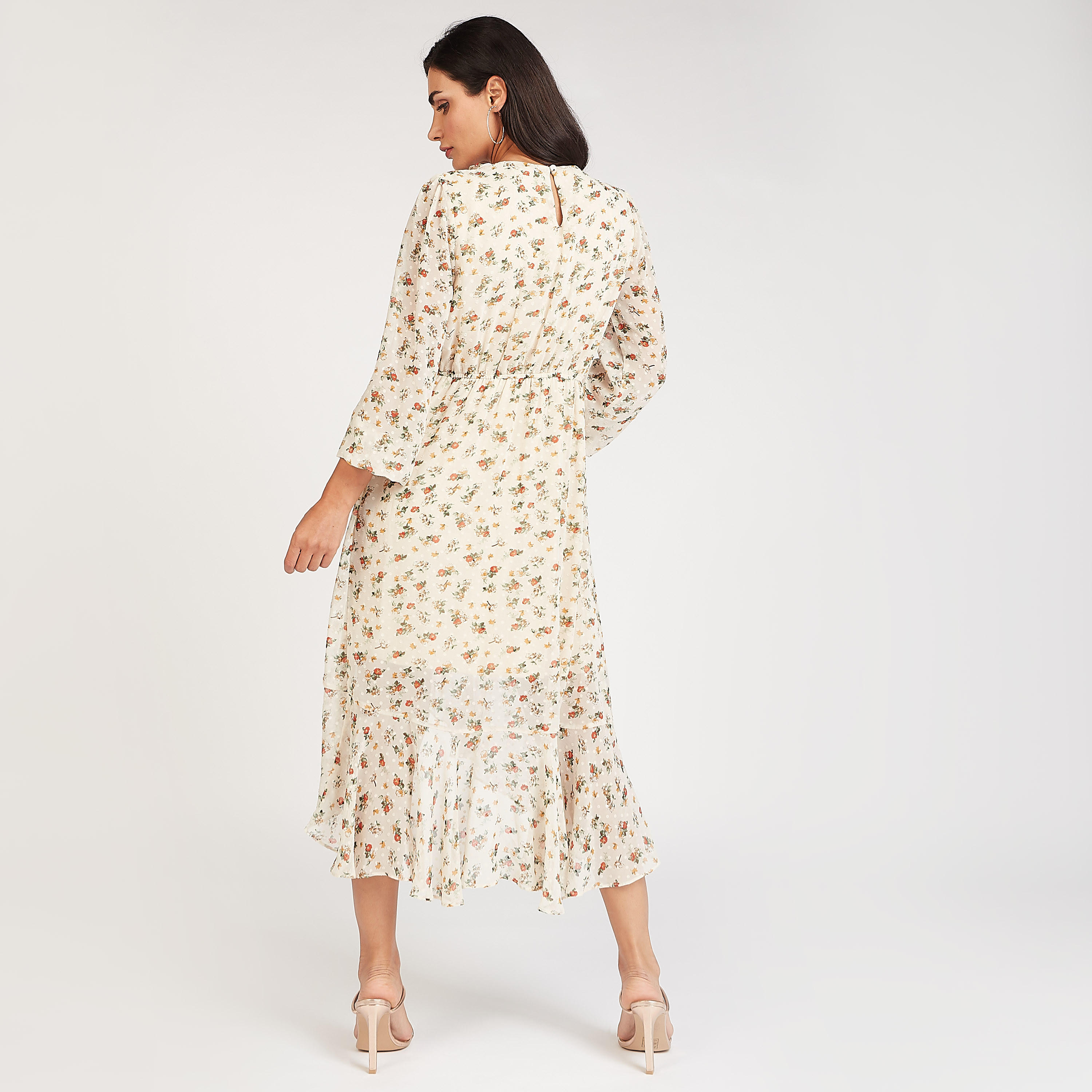 فستان ميدي إيه لاين دانتيل بأكمام 3/4 وياقة v وطبعات أزهار-women-clothing-dresses-image-3