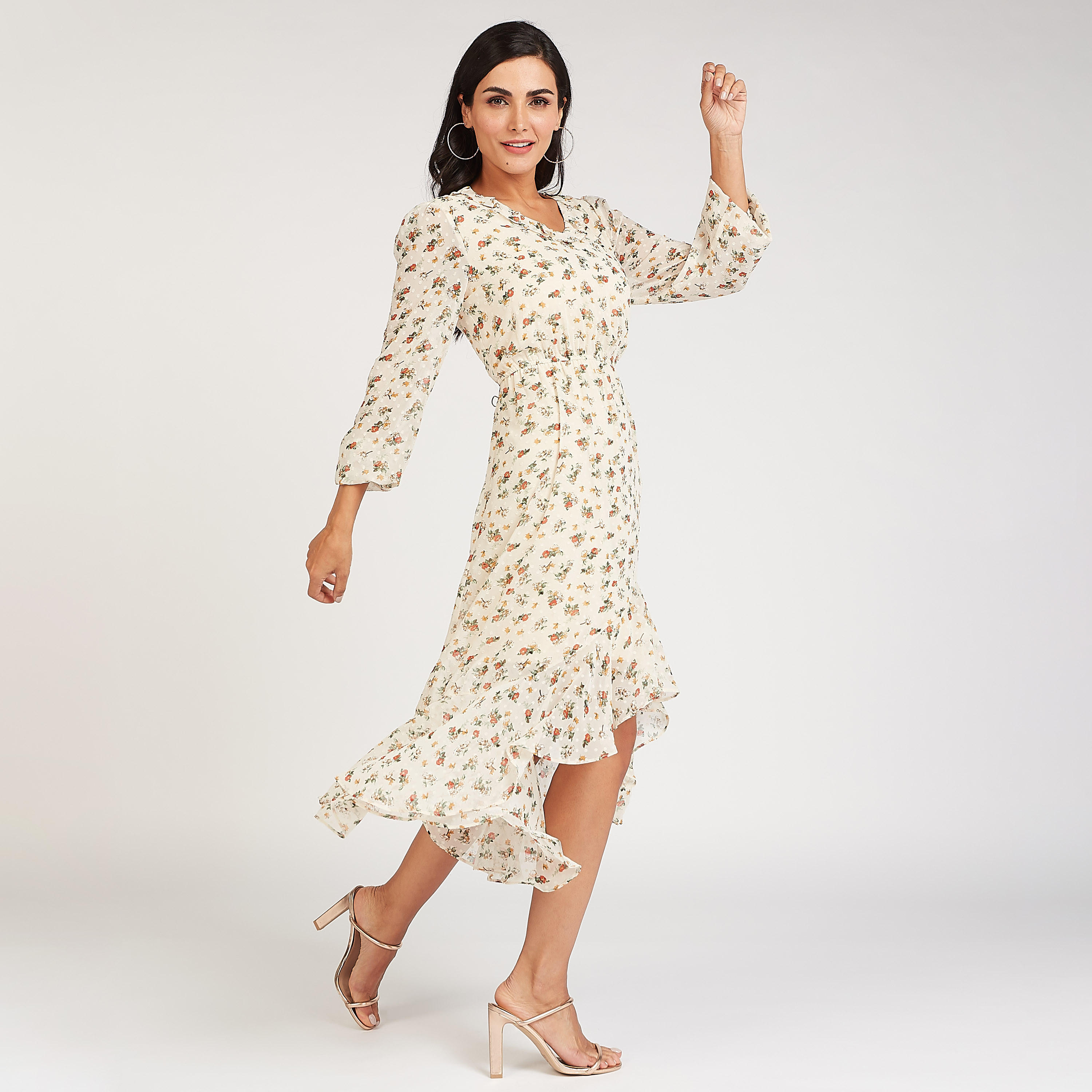 فستان ميدي إيه لاين دانتيل بأكمام 3/4 وياقة v وطبعات أزهار-women-clothing-dresses-image-5