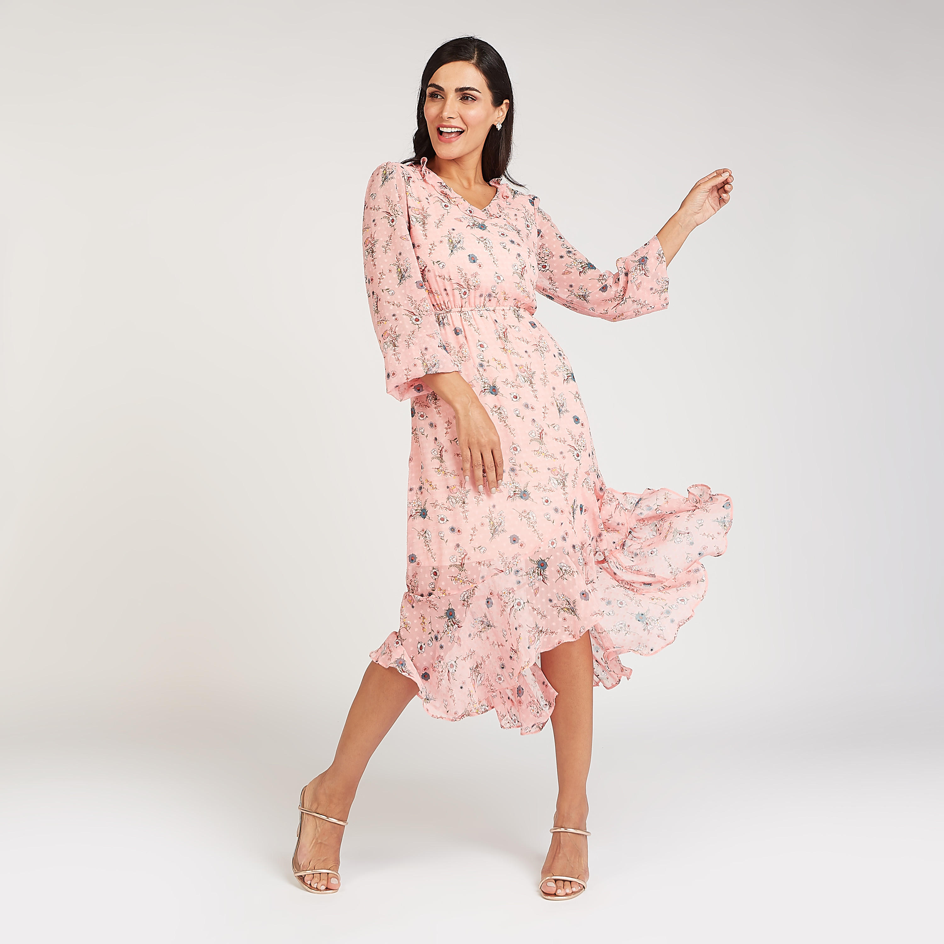 فستان مستدام ميدي بطول غير مستوي وطبعات أزهار وأكمام بيشوب-women-clothing-dresses-image-1