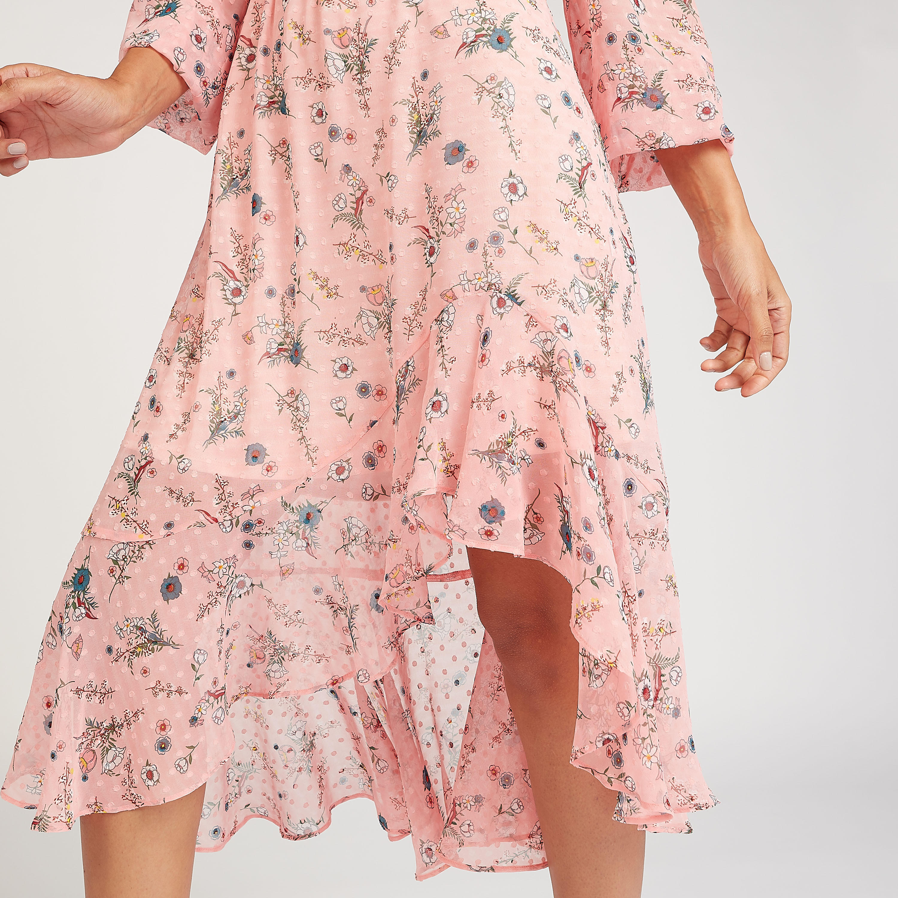 فستان مستدام ميدي بطول غير مستوي وطبعات أزهار وأكمام بيشوب-women-clothing-dresses-image-3
