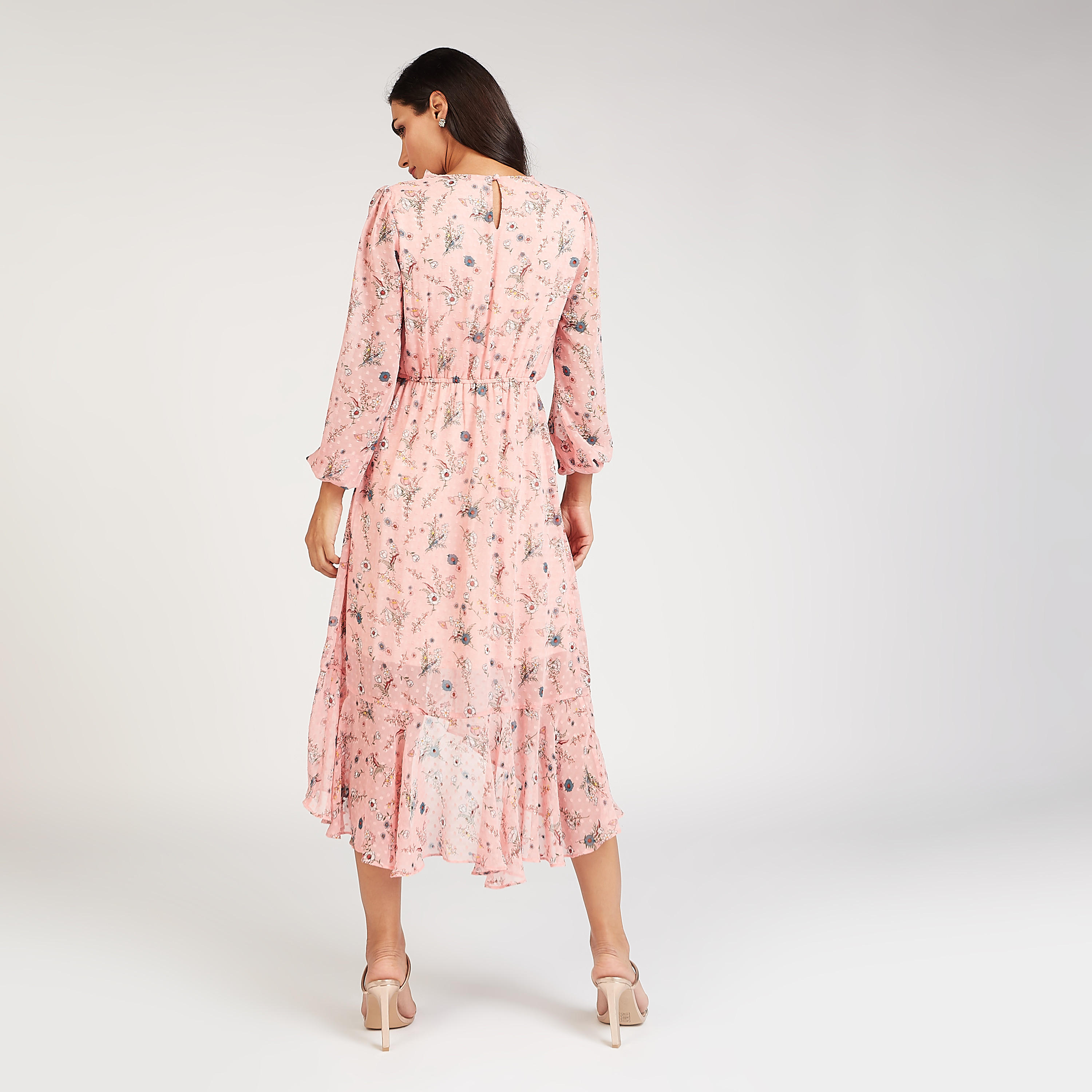 فستان مستدام ميدي بطول غير مستوي وطبعات أزهار وأكمام بيشوب-women-clothing-dresses-image-4